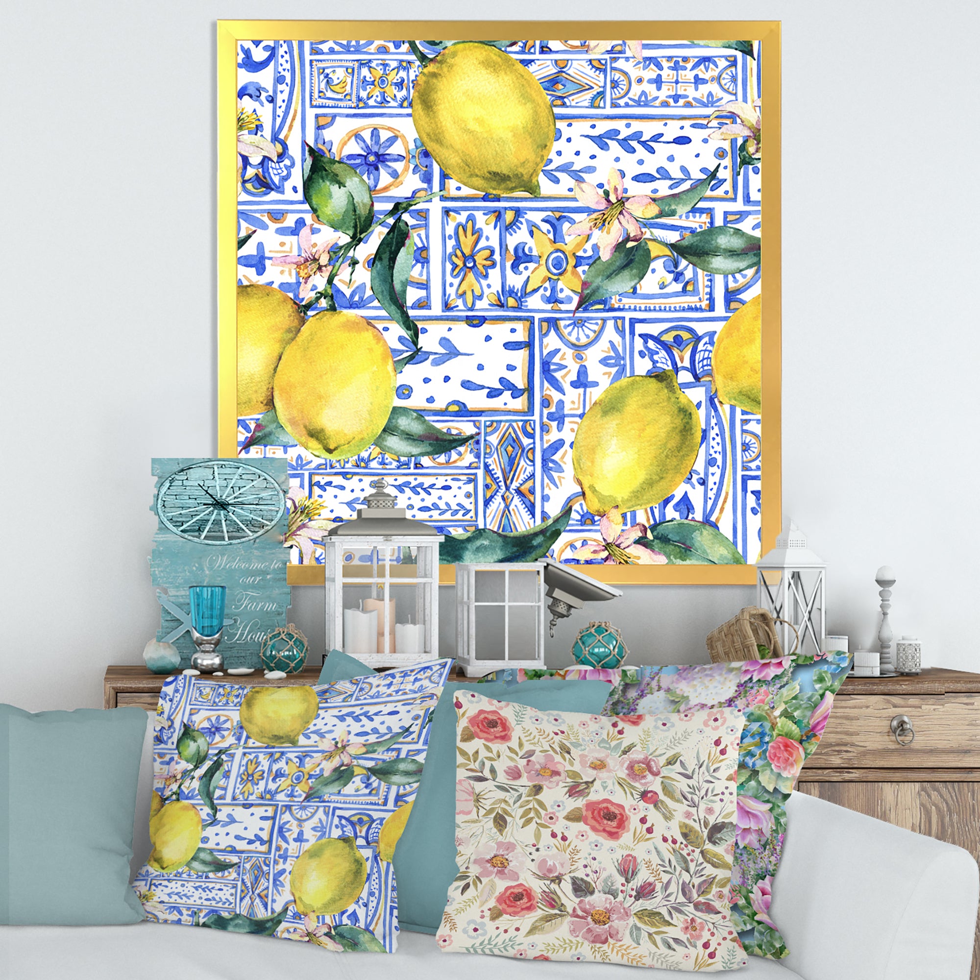 Lemon Ornament On Blue Geometrical Pattern I