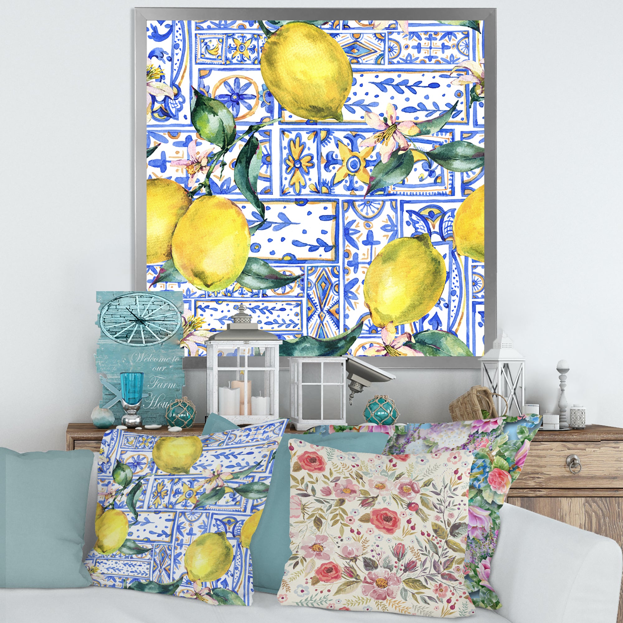 Lemon Ornament On Blue Geometrical Pattern I
