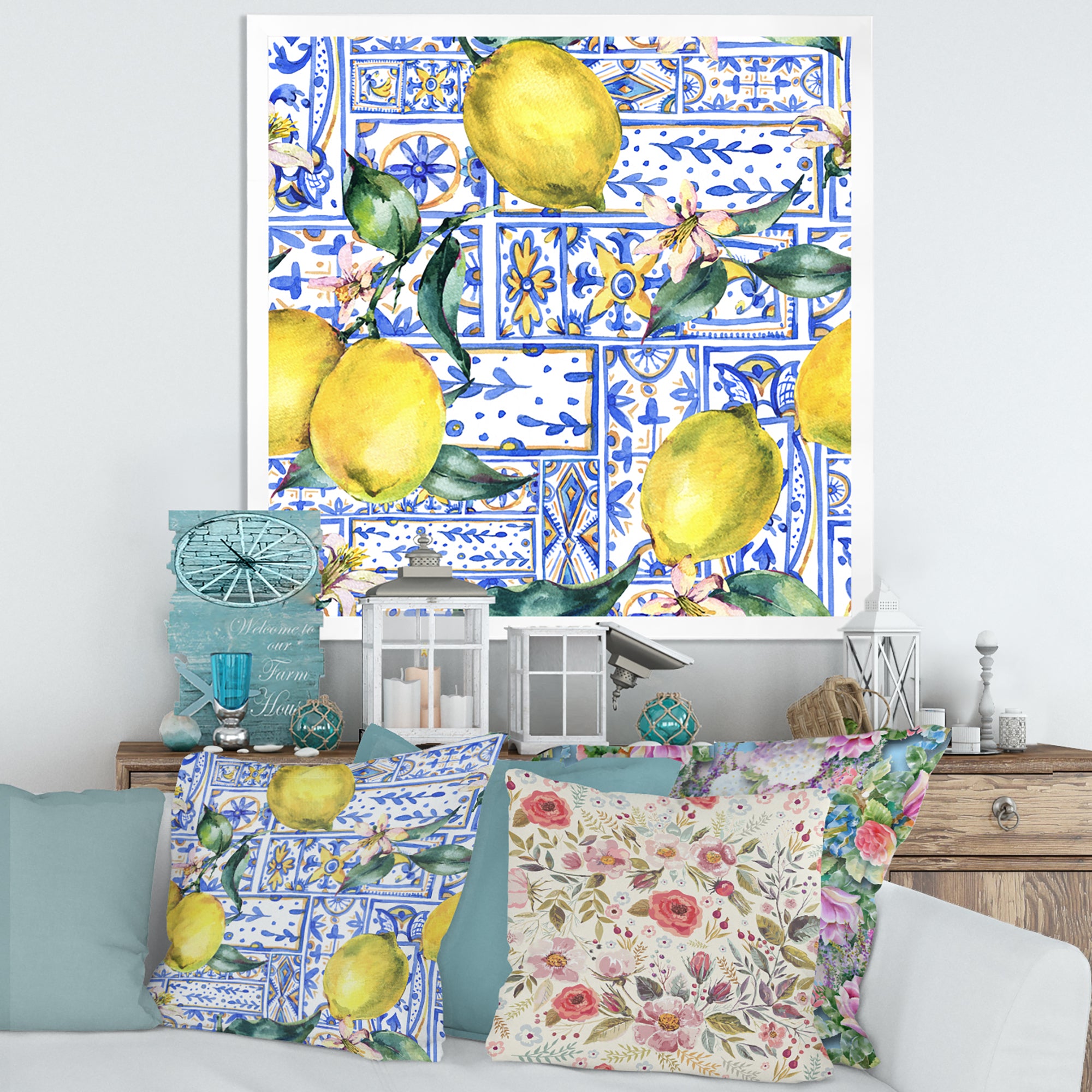 Lemon Ornament On Blue Geometrical Pattern I