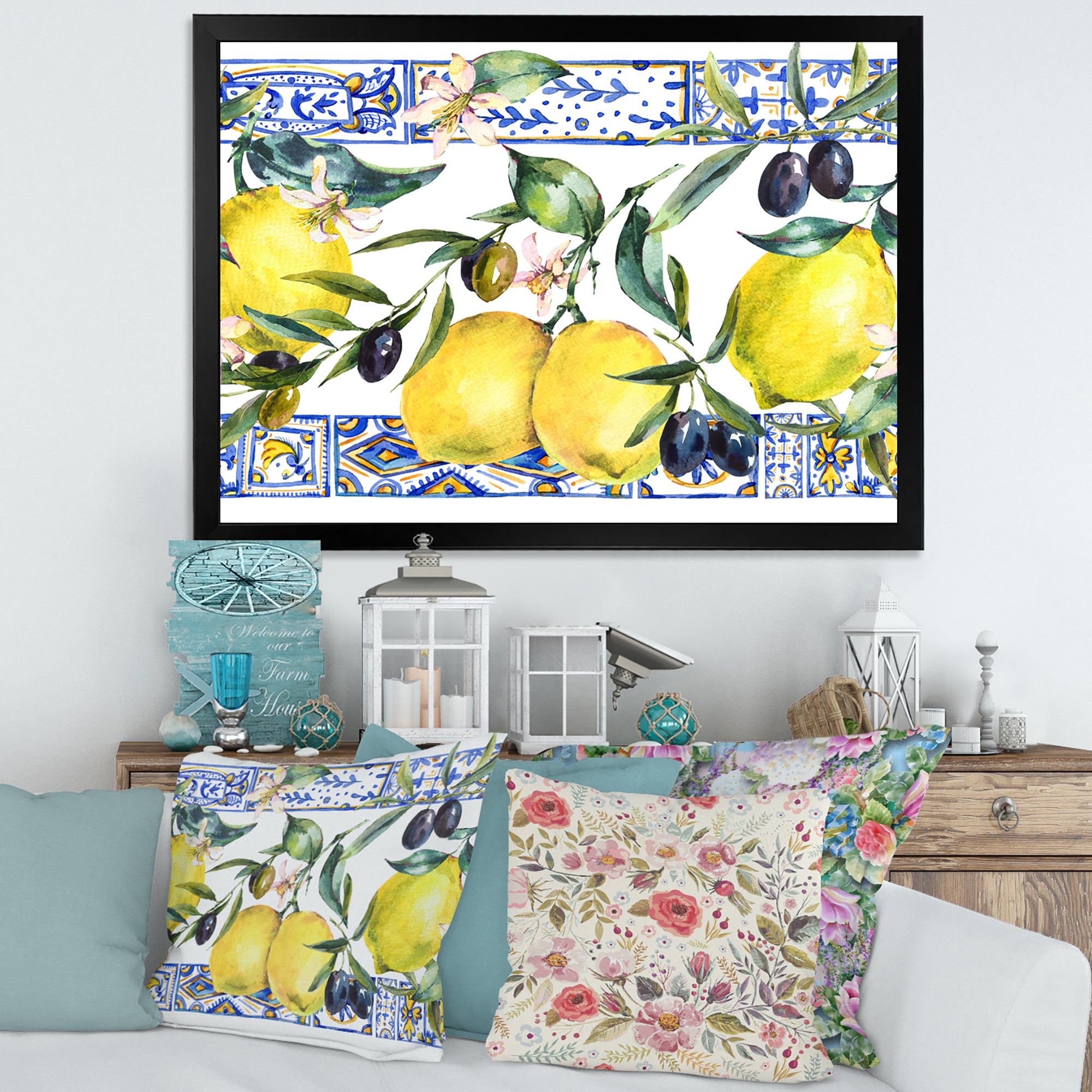 Lemon Ornament On Blue Geometrical Pattern II