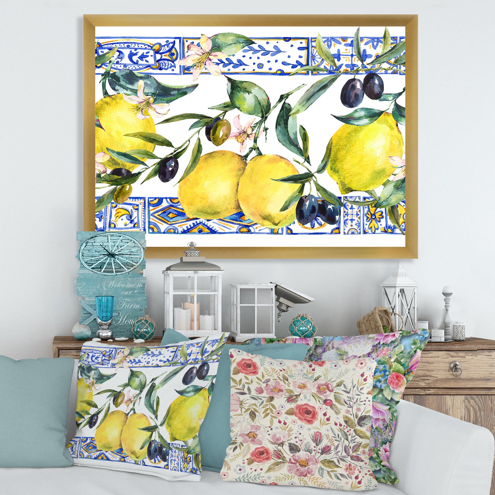 Lemon Ornament On Blue Geometrical Pattern II