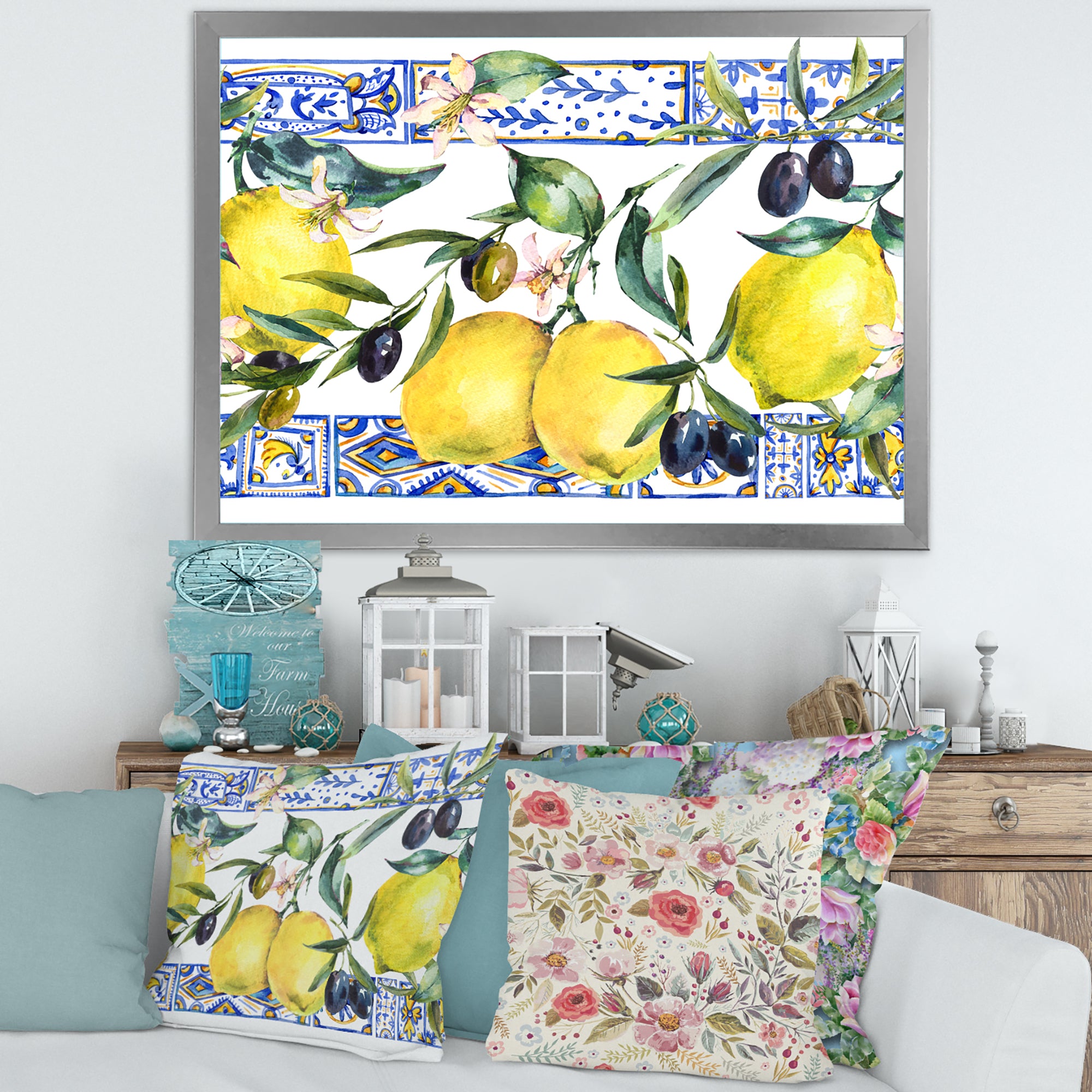 Lemon Ornament On Blue Geometrical Pattern II