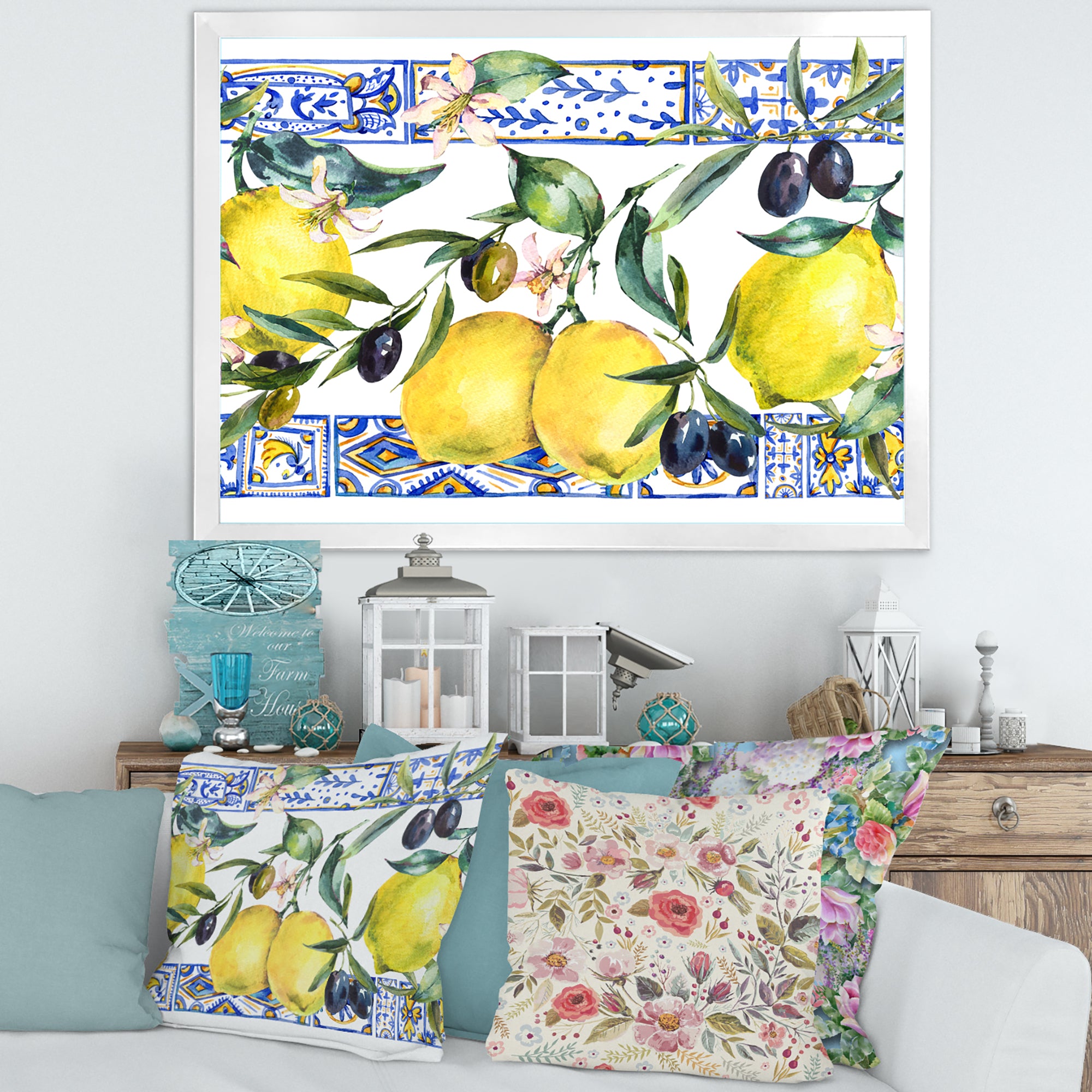 Lemon Ornament On Blue Geometrical Pattern II