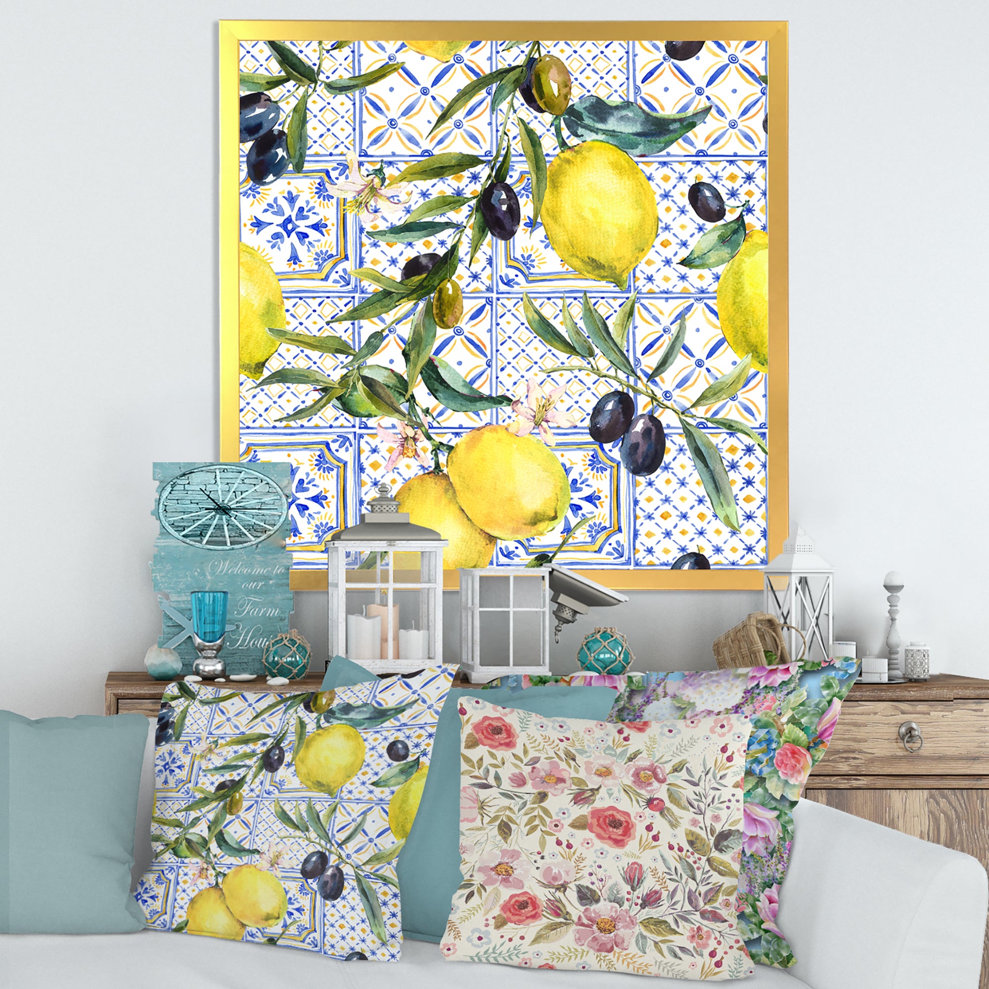 Lemon Ornament On Blue Geometrical Pattern III