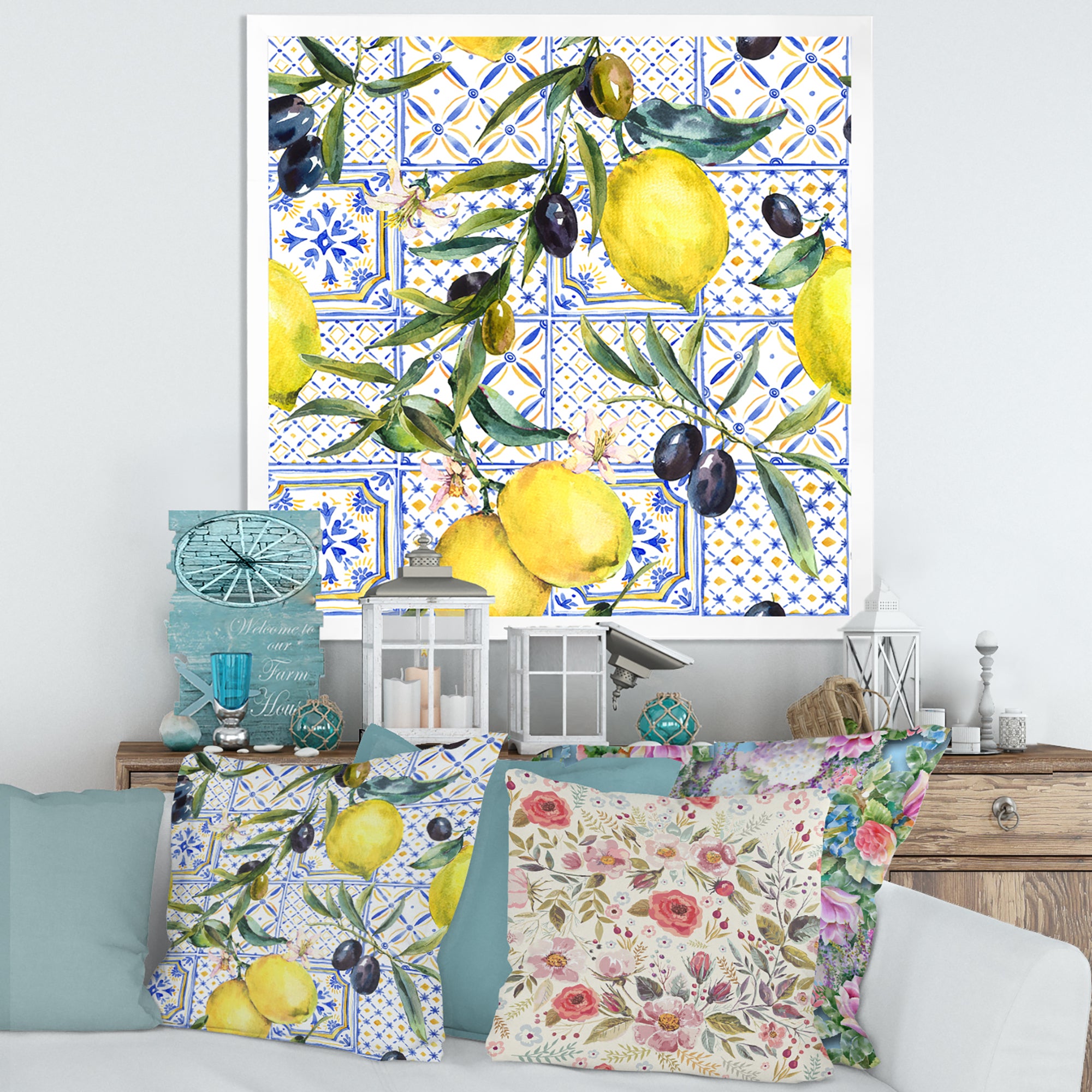 Lemon Ornament On Blue Geometrical Pattern III