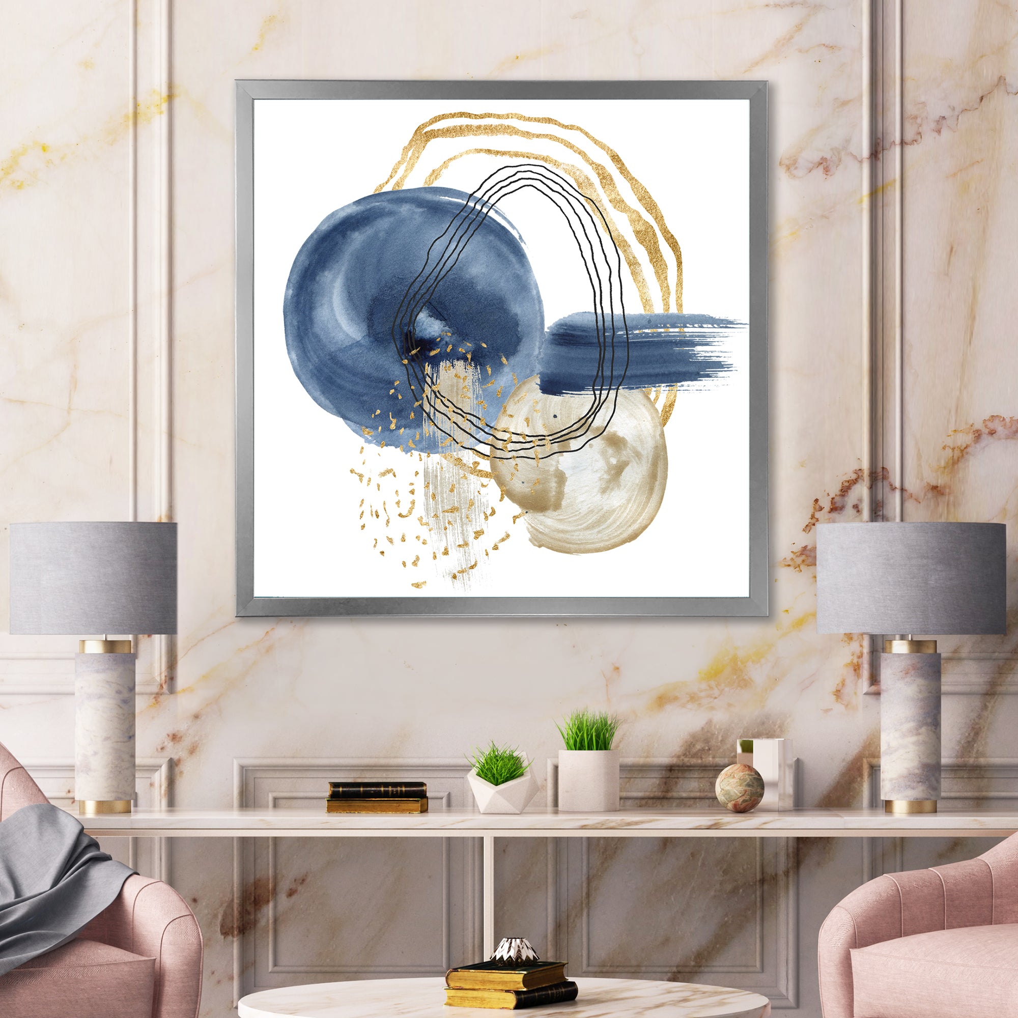 Abstract Dark Blue Gold & Black Underwater Life Wall Art