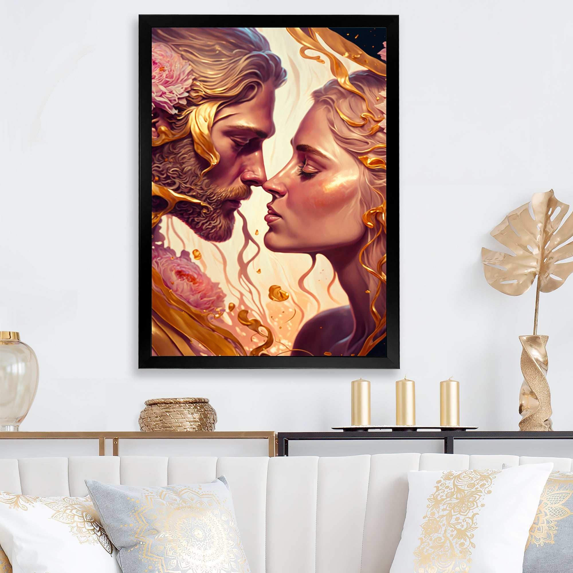 Gold And Pink Couple Kissing Art