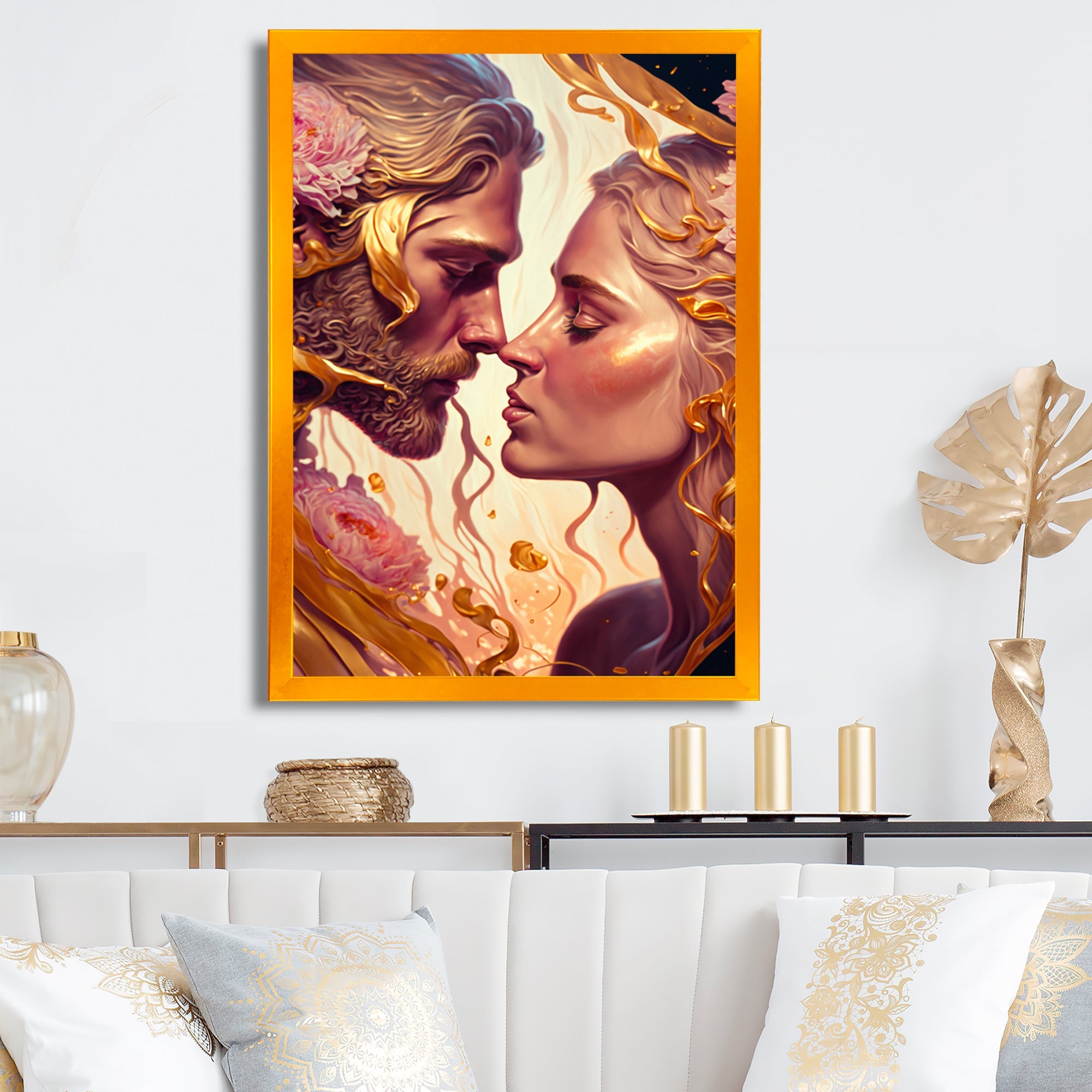 Gold And Pink Couple Kissing Art