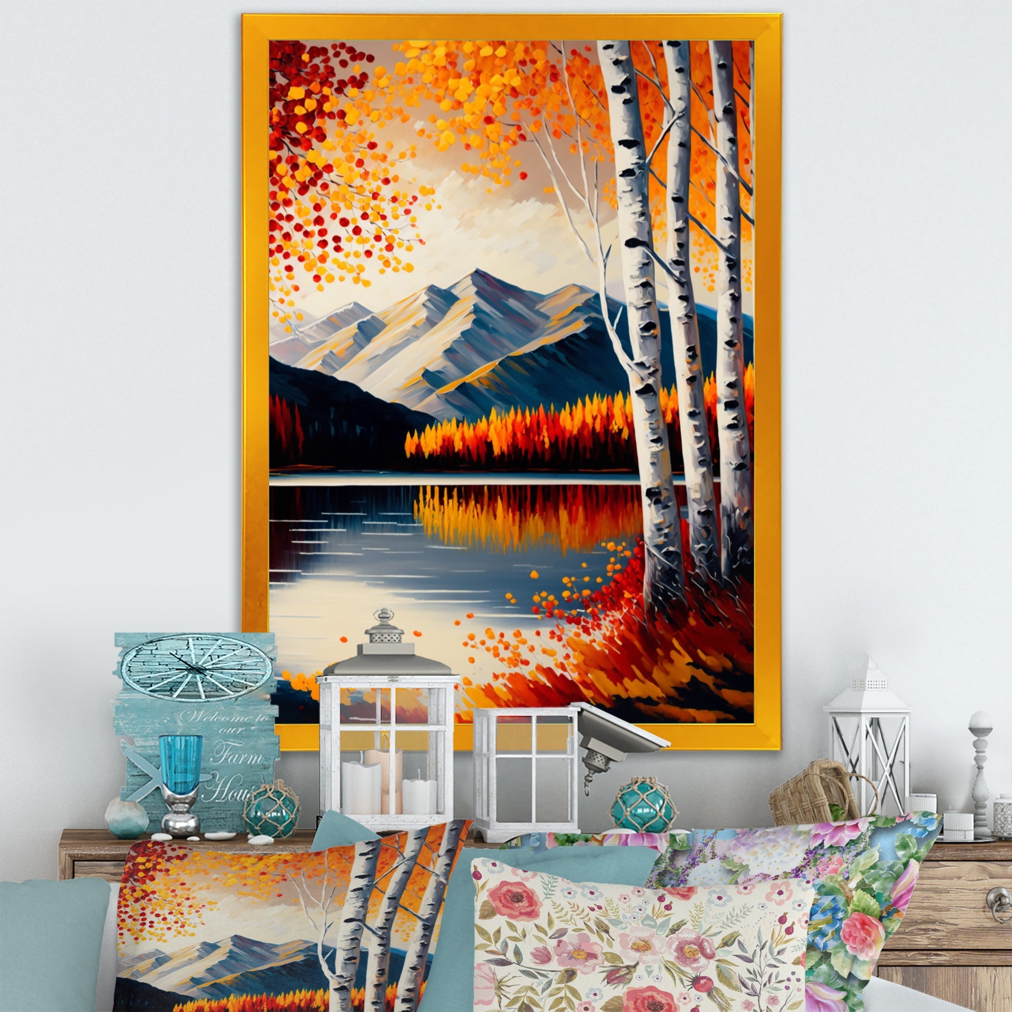 Red And Orange Birch Trees By The Lake V