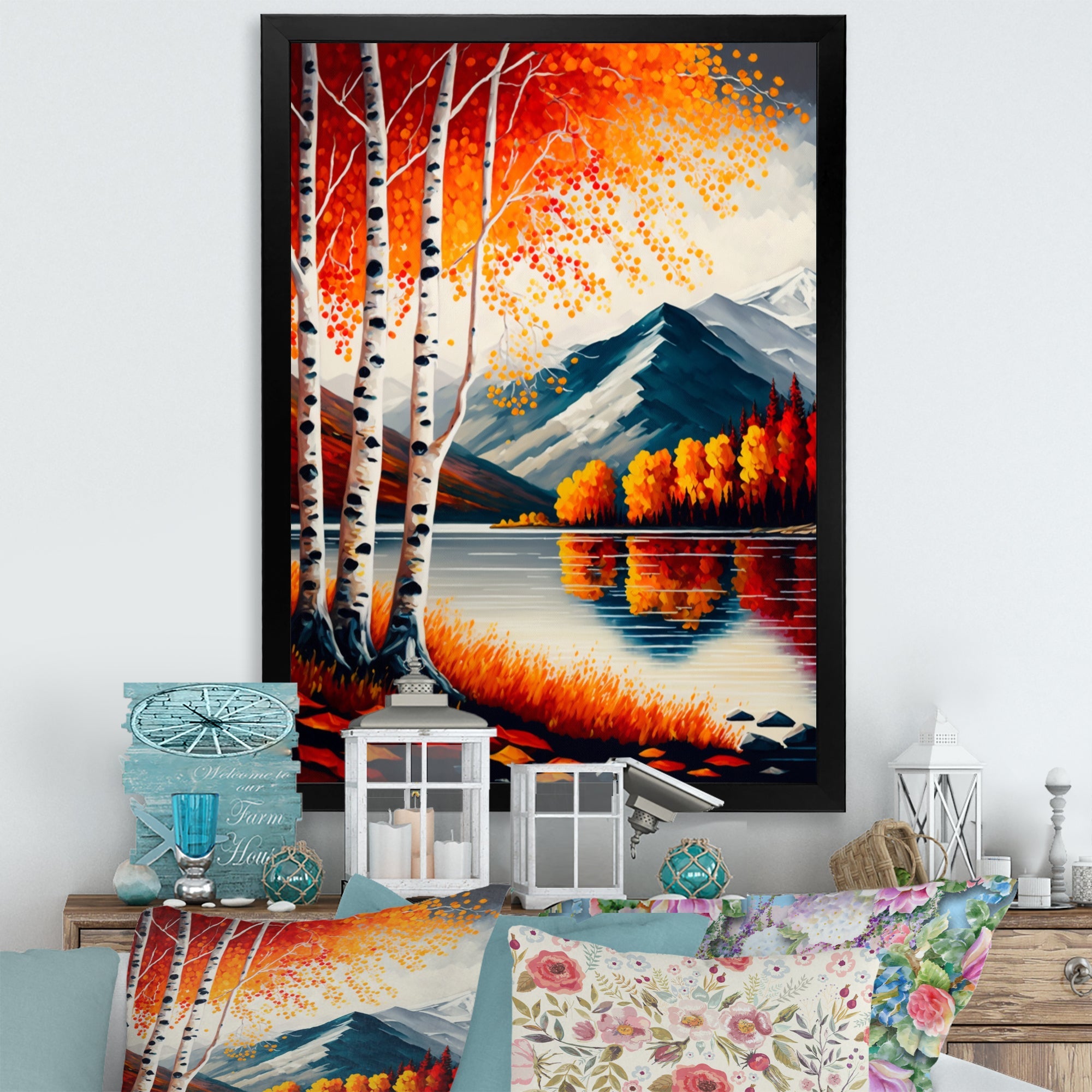 Red And Orange Birch Trees By The Lake VI