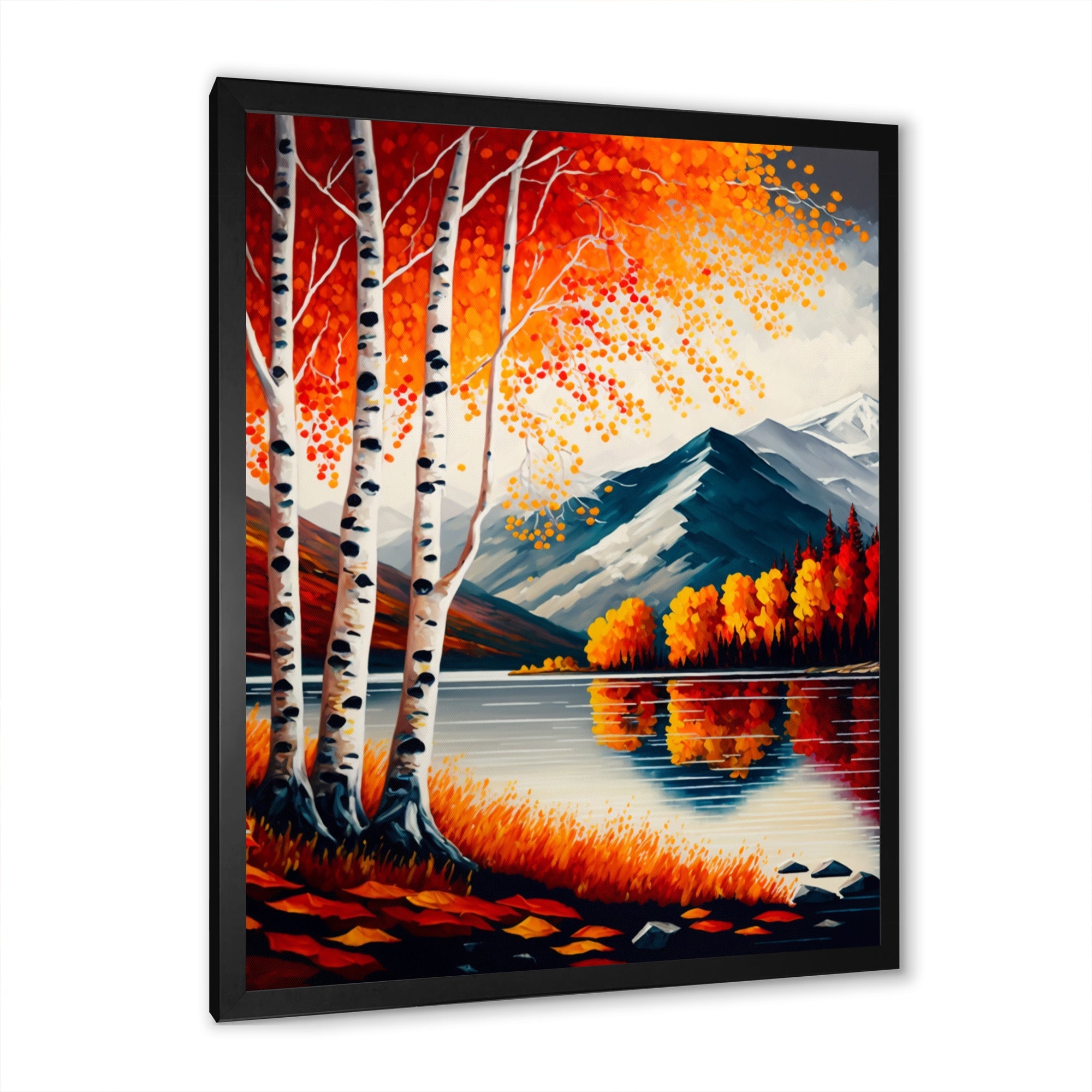 Red And Orange Birch Trees By The Lake VI