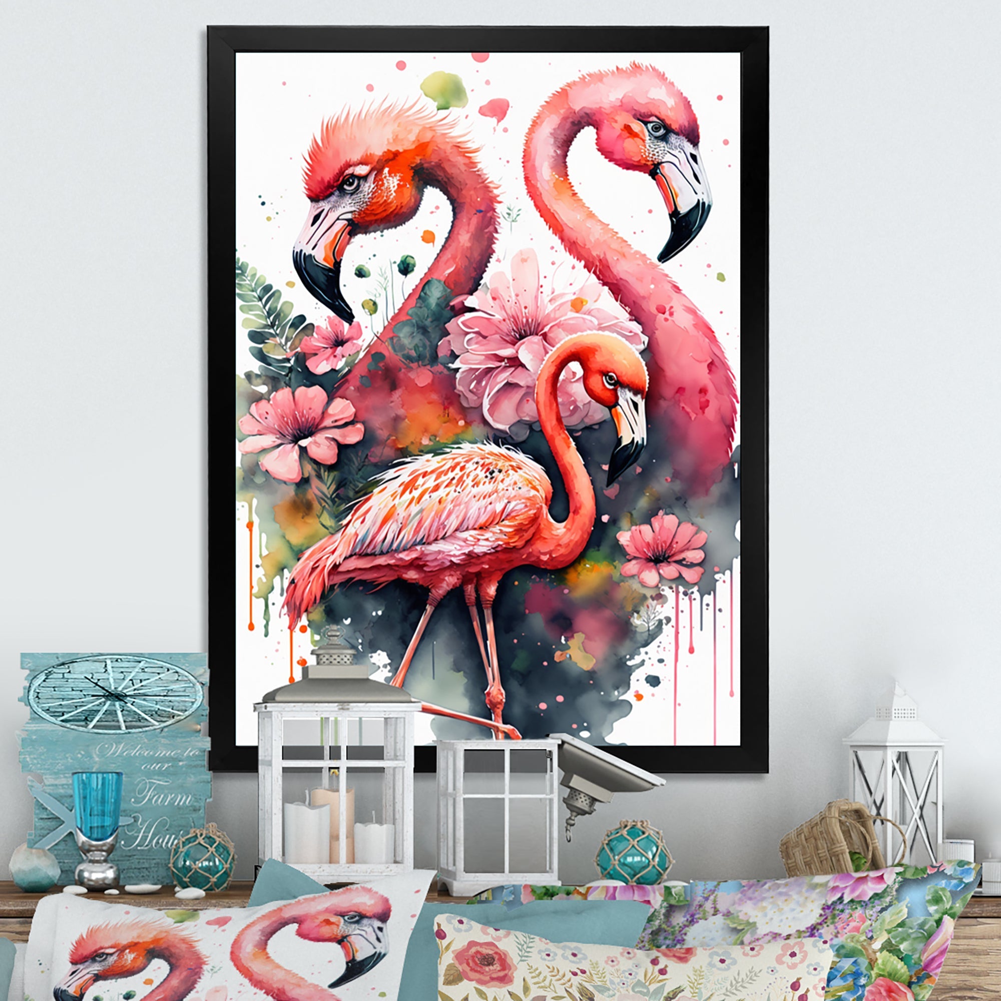 Cute Flamingos Floral Art I