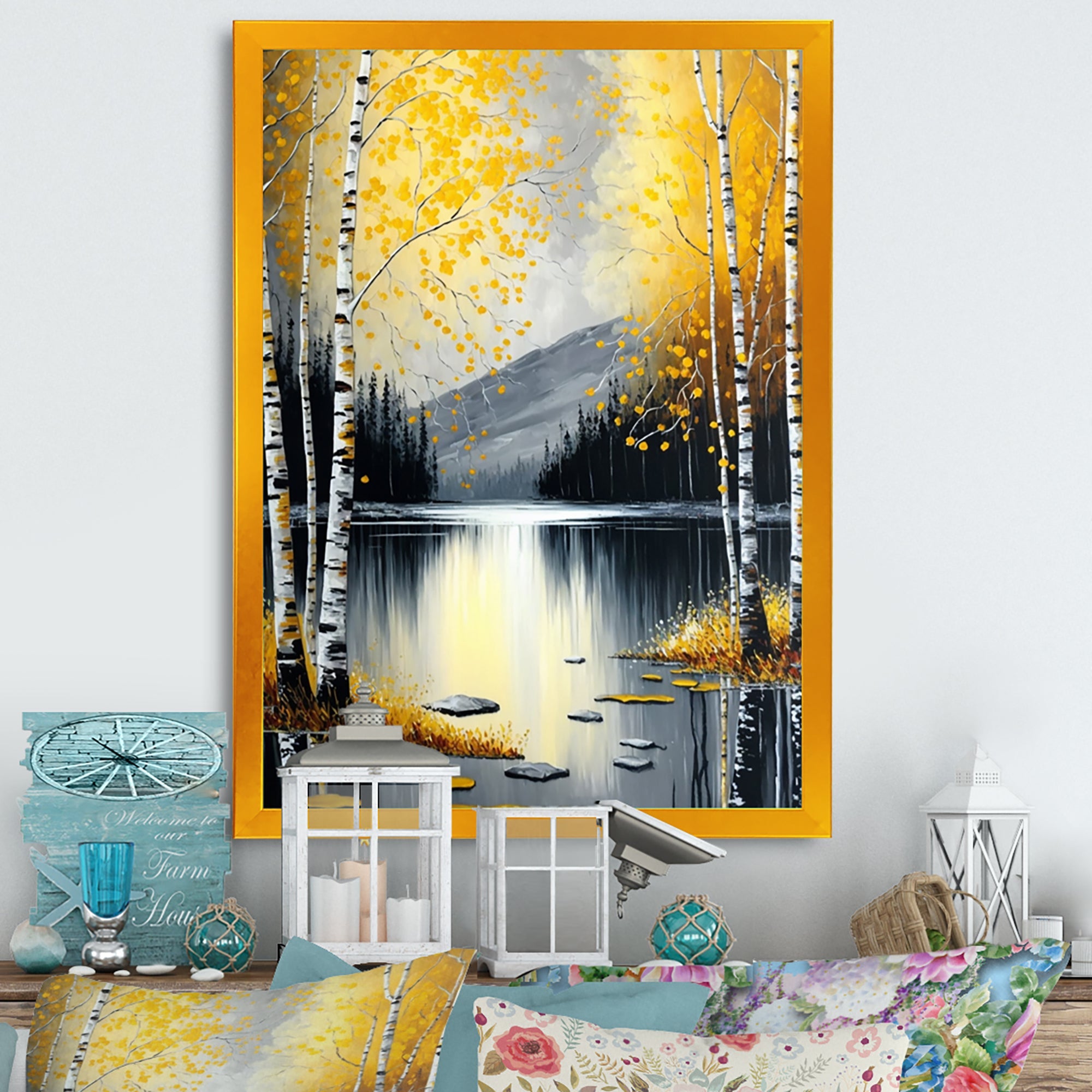 Monochrome Golden Birch Trees By The Lake I