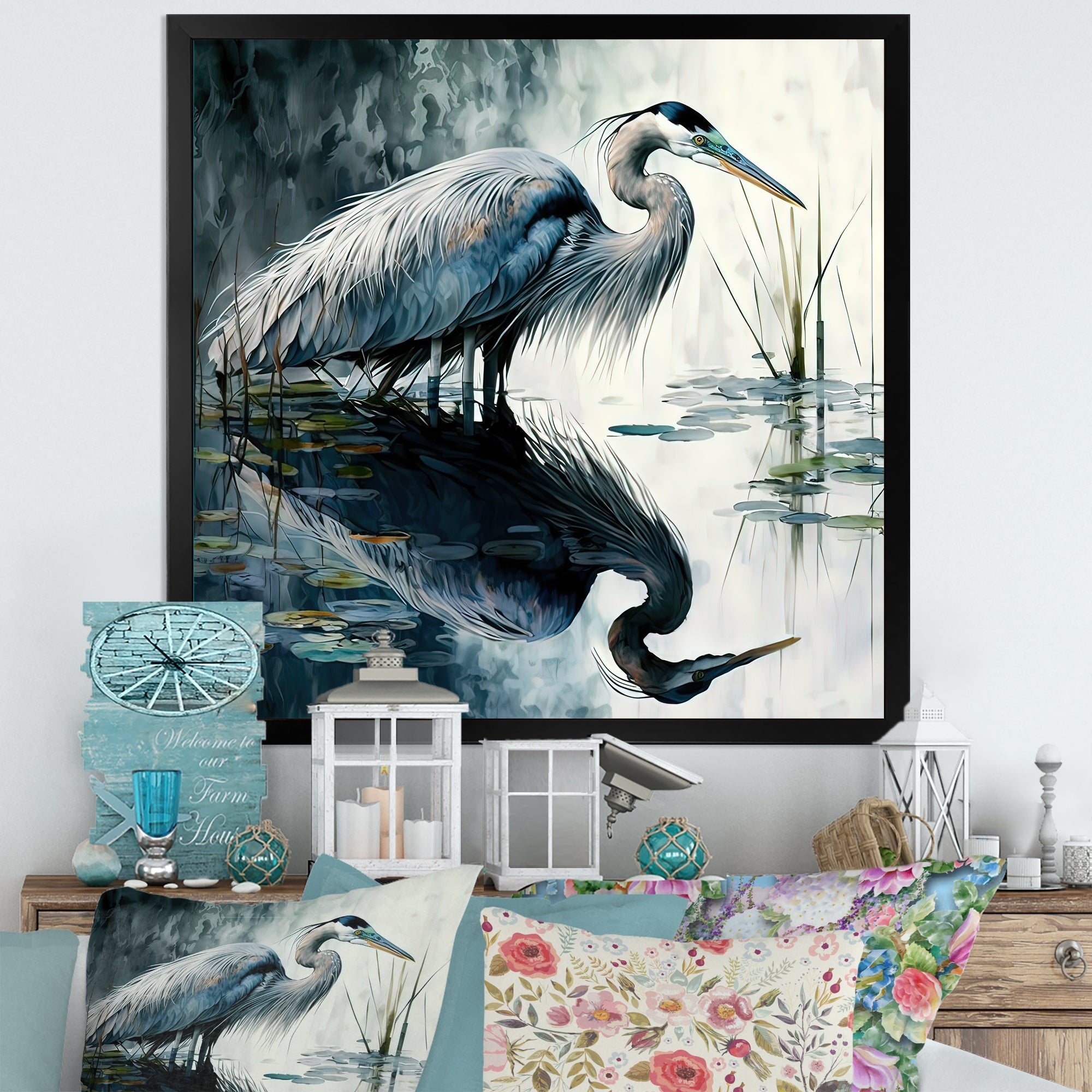 Cute Heron In A Lake Floral Art IV