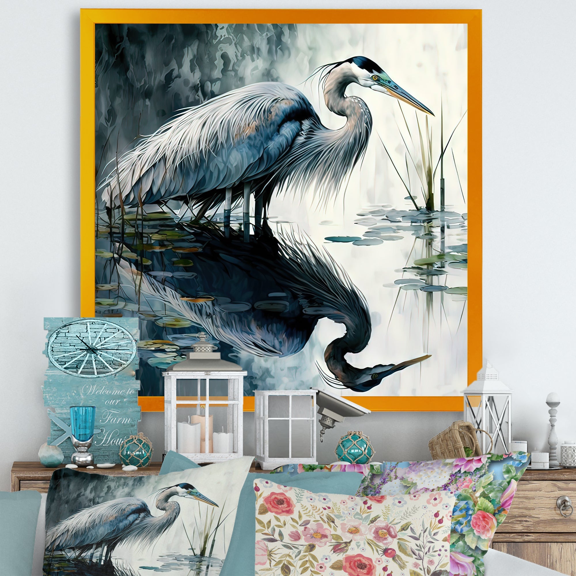 Cute Heron In A Lake Floral Art IV