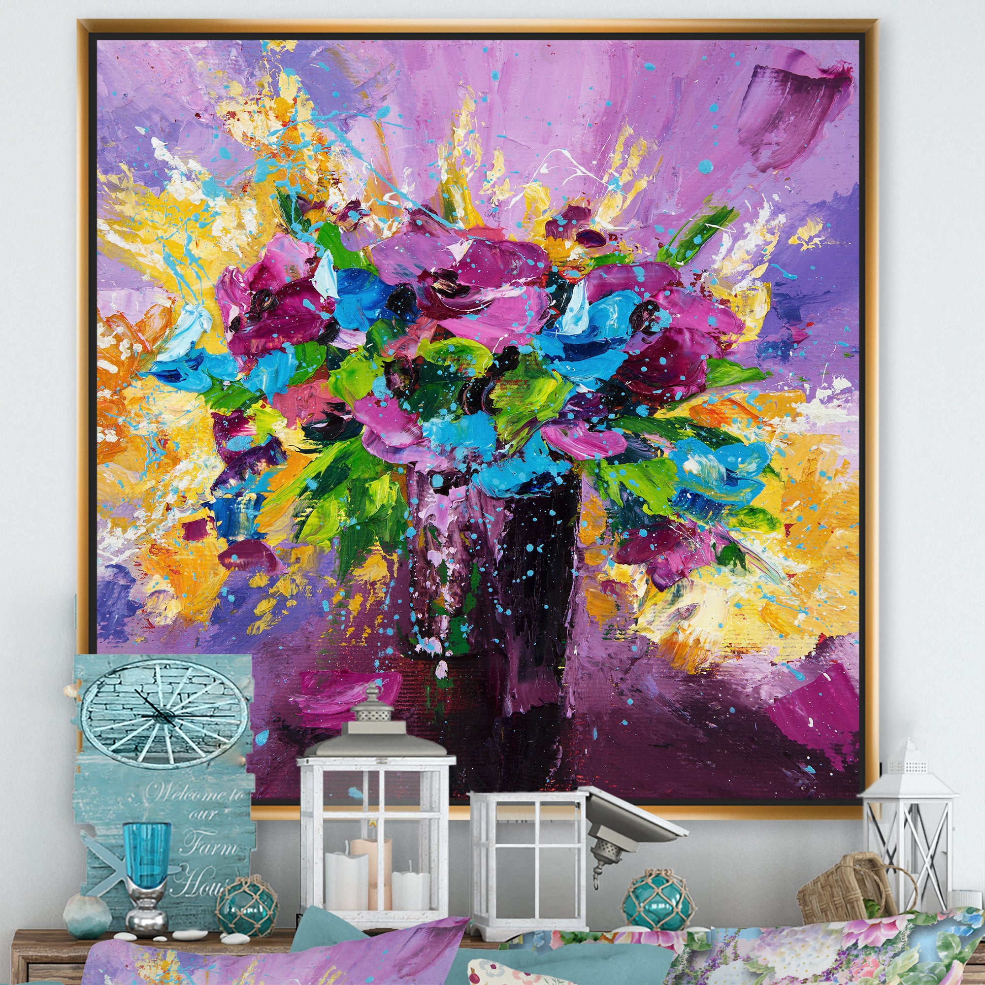 Bright Bouquet Of Spring Flowers On Purple Background Wall Art