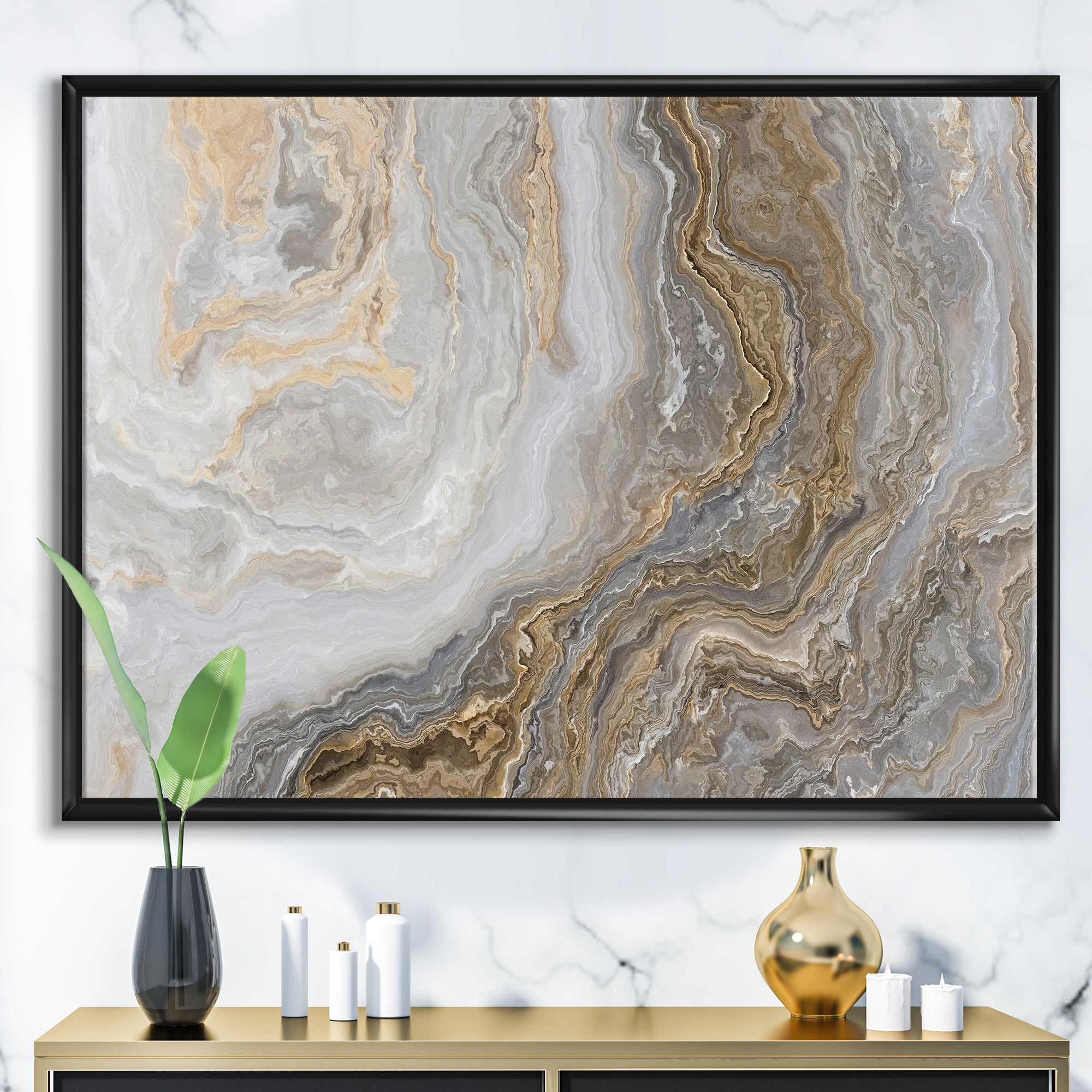 White Marble with Curley Grey and Gold Veins Wall Art