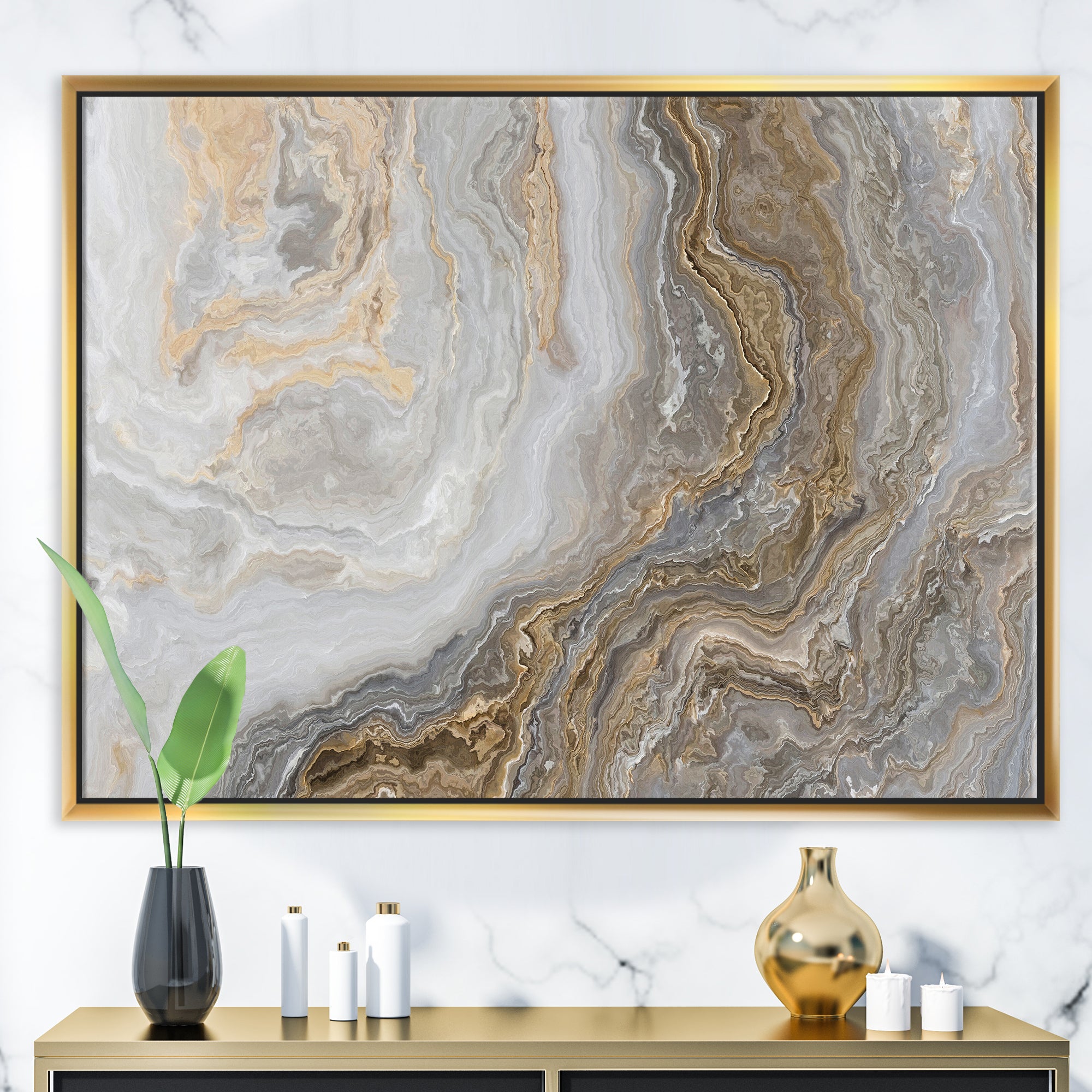 White Marble with Curley Grey and Gold Veins Wall Art