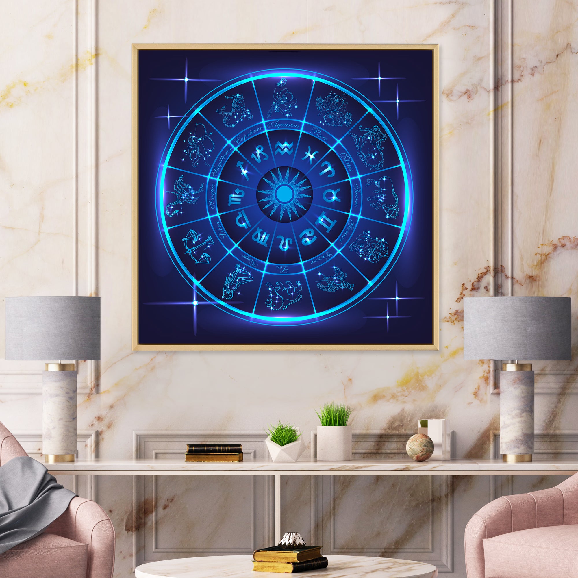 Neon Deep Blue Horoscope Circle With Zodiac Signs
