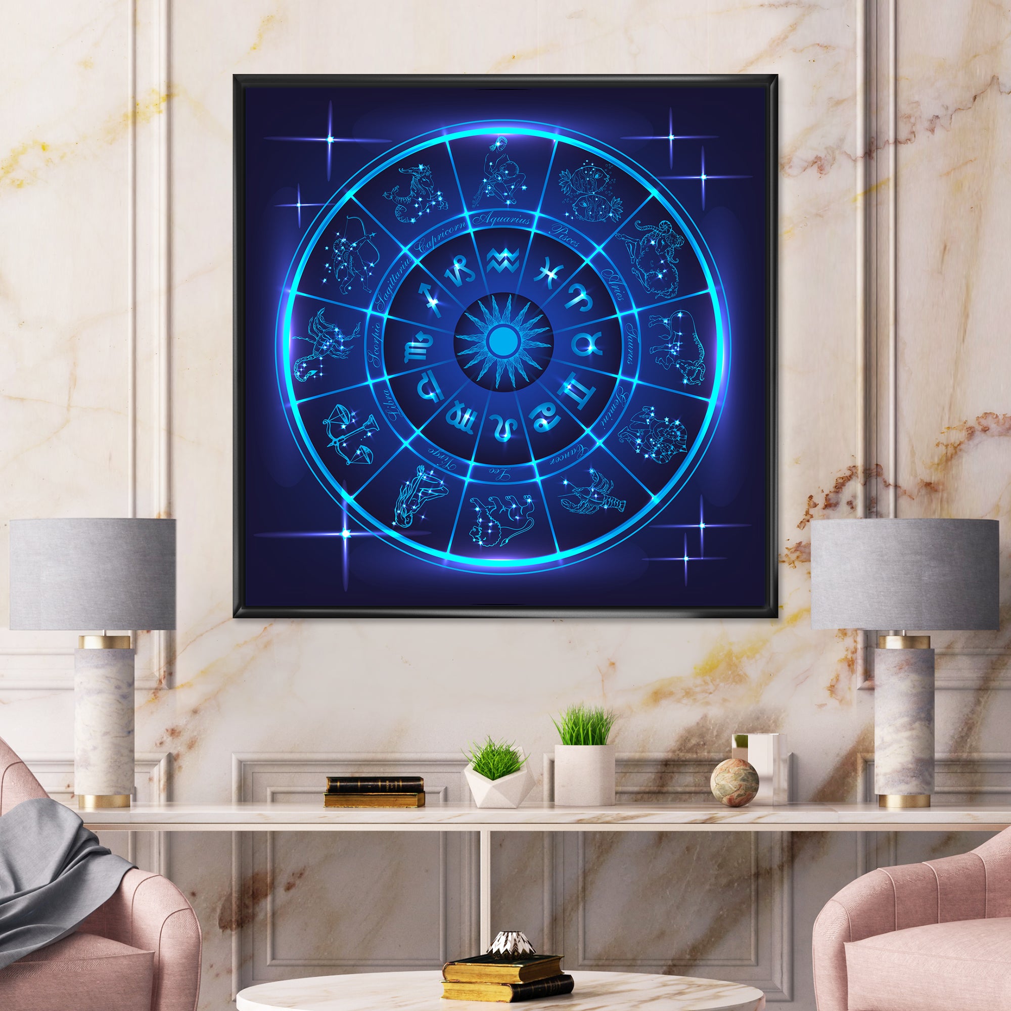 Neon Deep Blue Horoscope Circle With Zodiac Signs