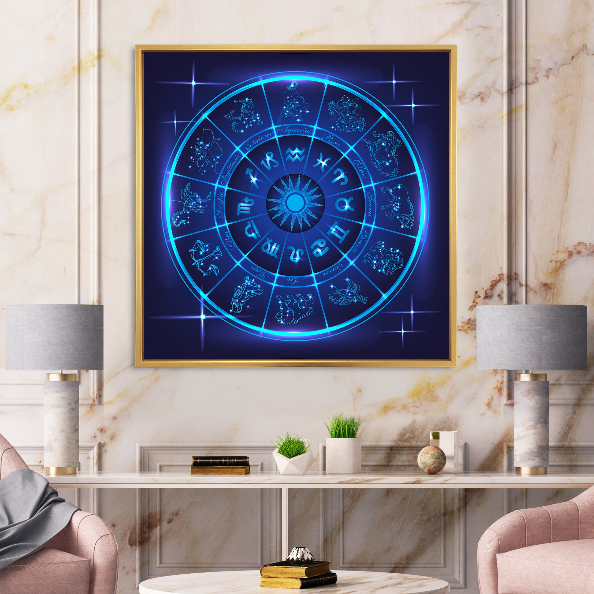 Neon Deep Blue Horoscope Circle With Zodiac Signs