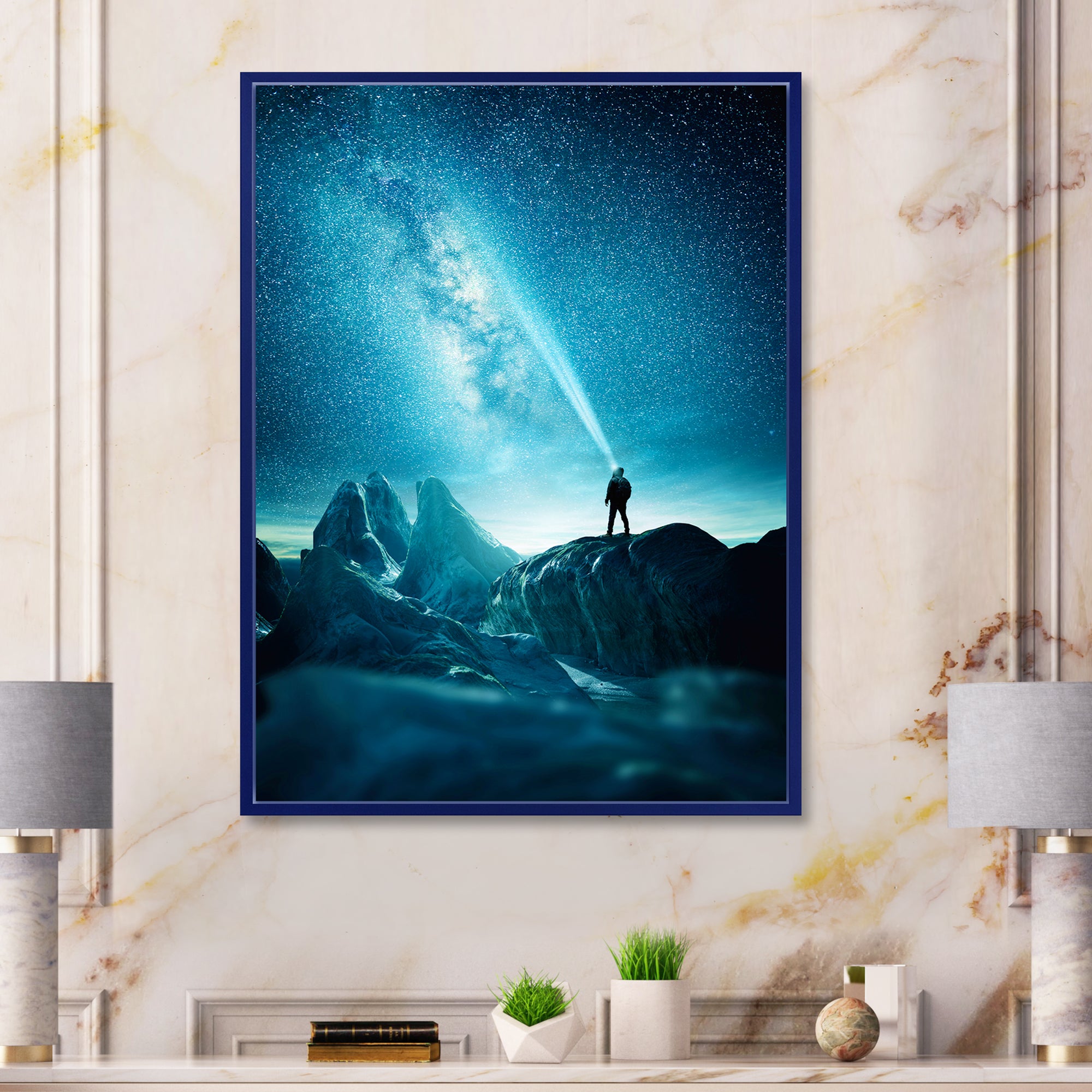 A Man Shining A Light Into The Night Sky