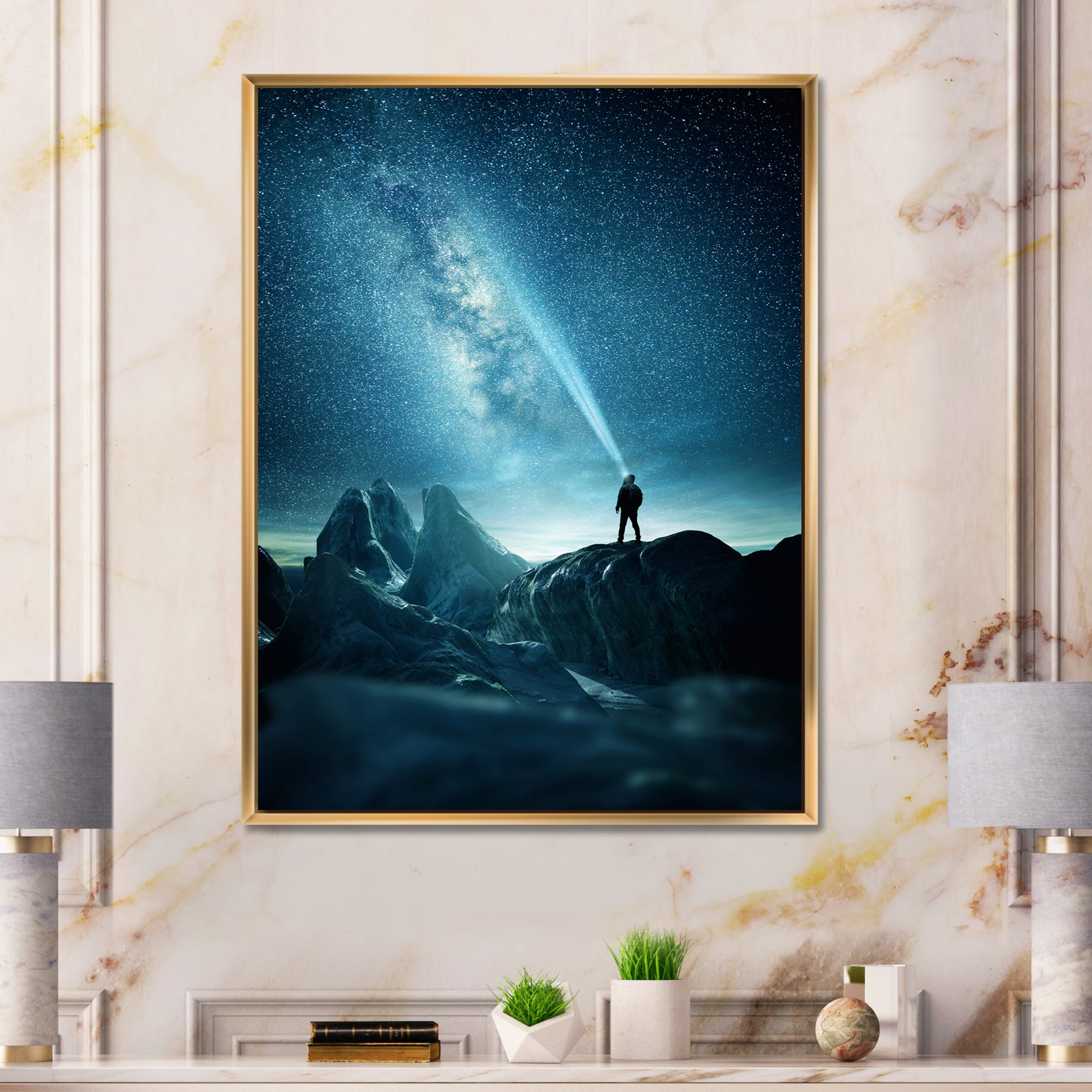 A Man Shining A Light Into The Night Sky