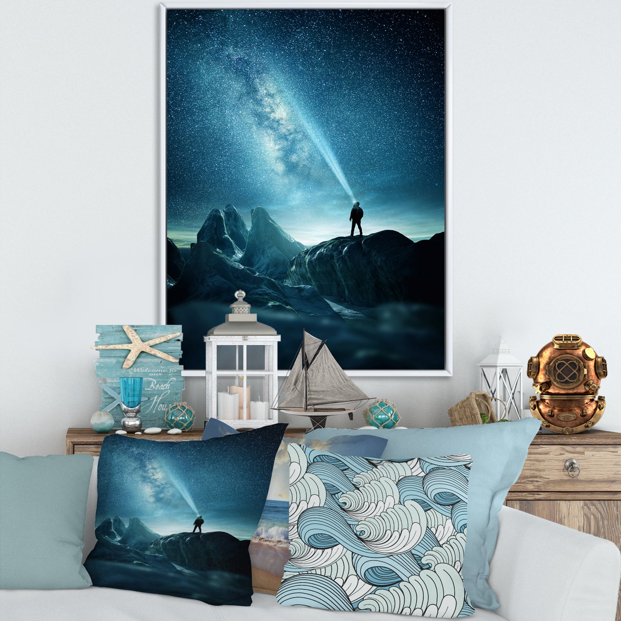 A Man Shining A Light Into The Night Sky