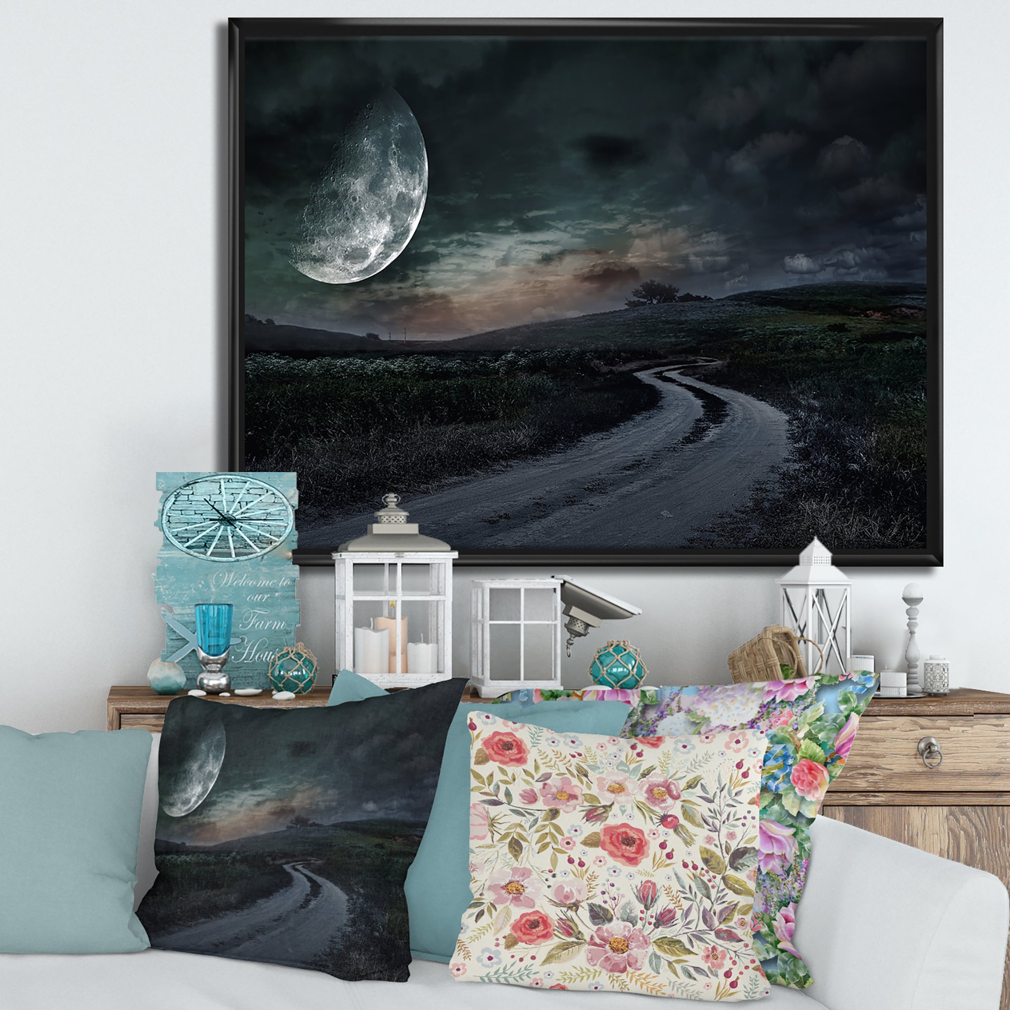 Rural Road Through The Meadow Under Full Moon