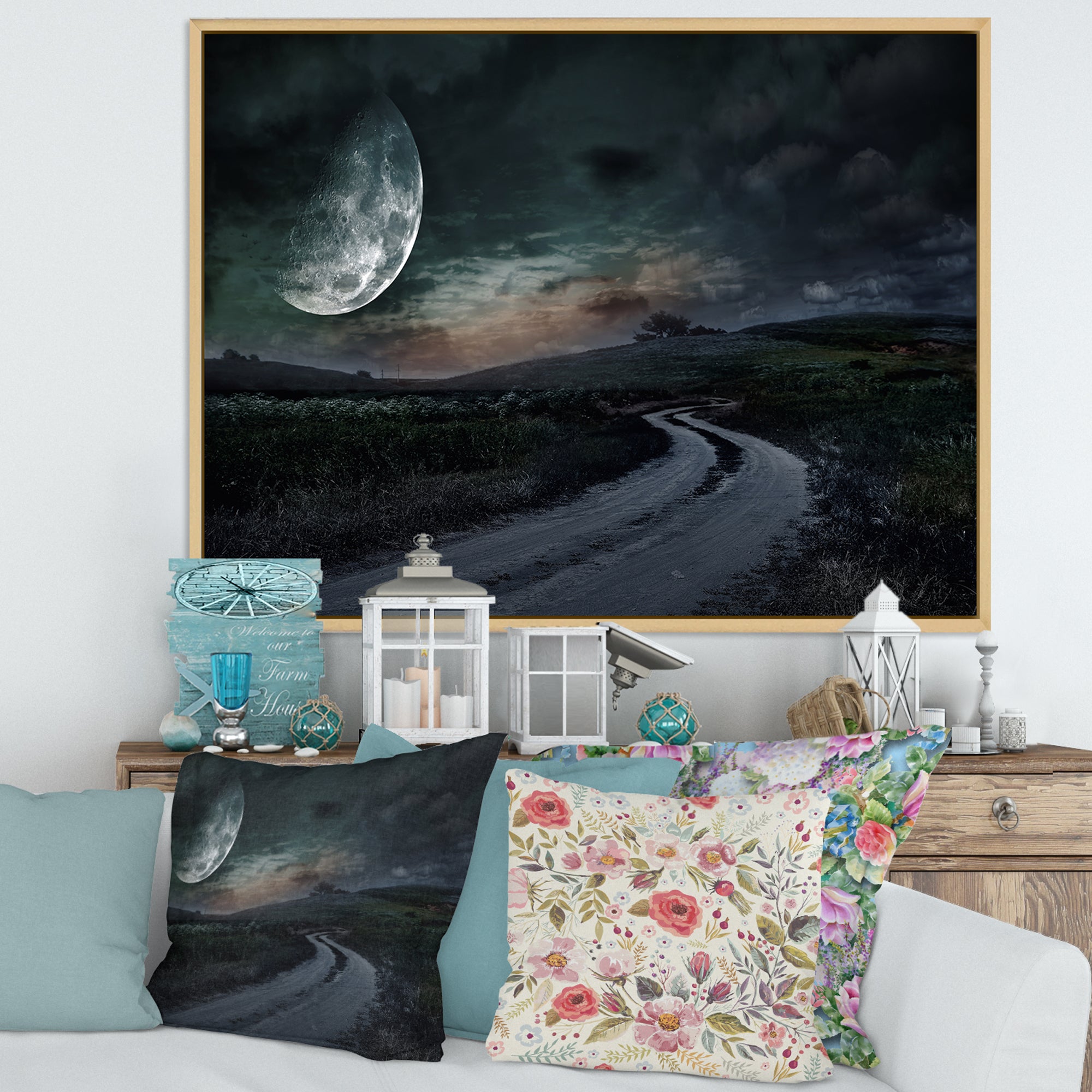 Rural Road Through The Meadow Under Full Moon