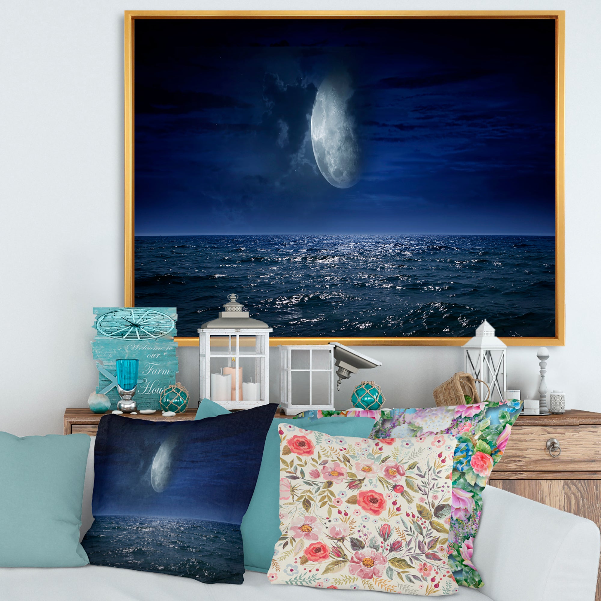 Full Moon Over Dark Ocean At Night