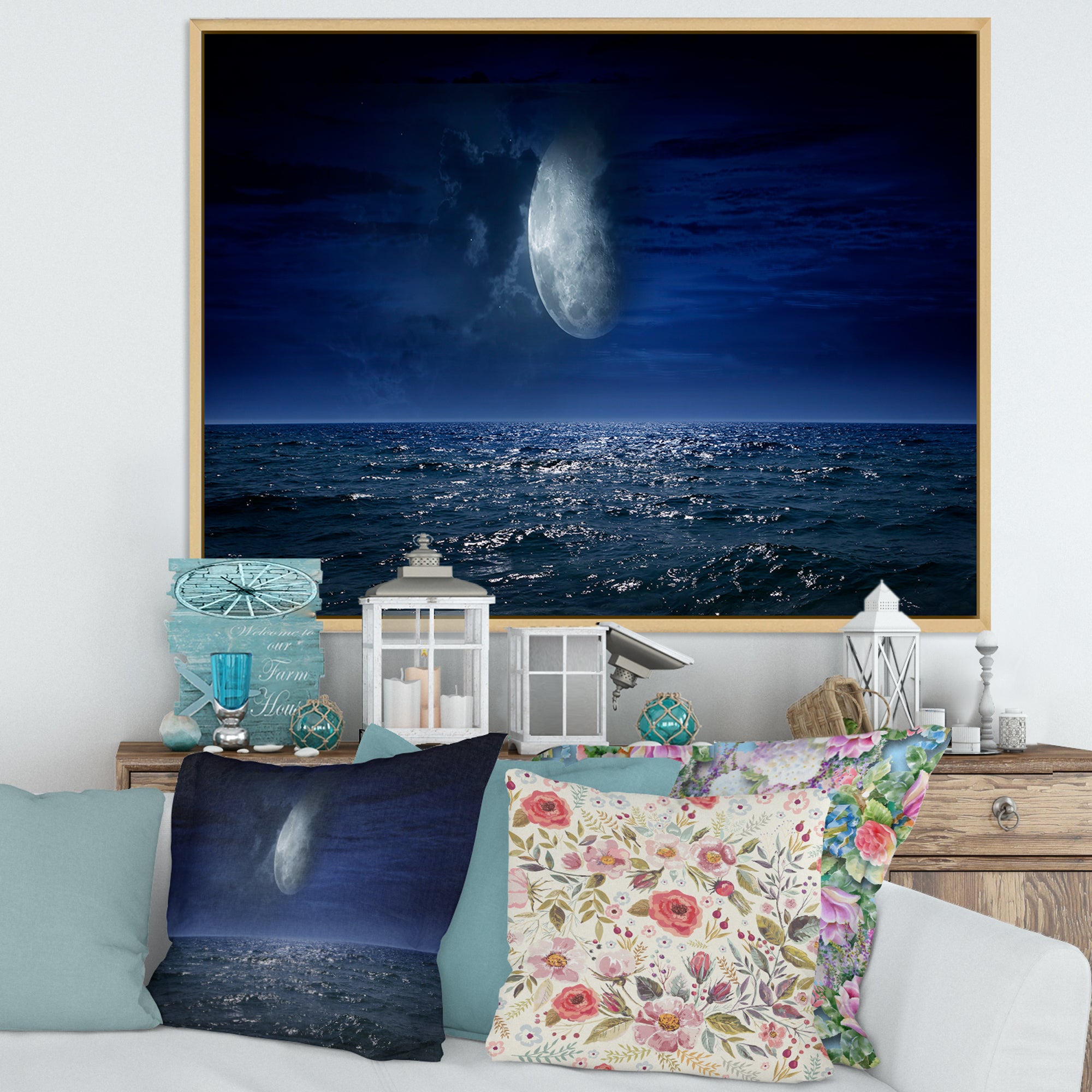 Full Moon Over Dark Ocean At Night