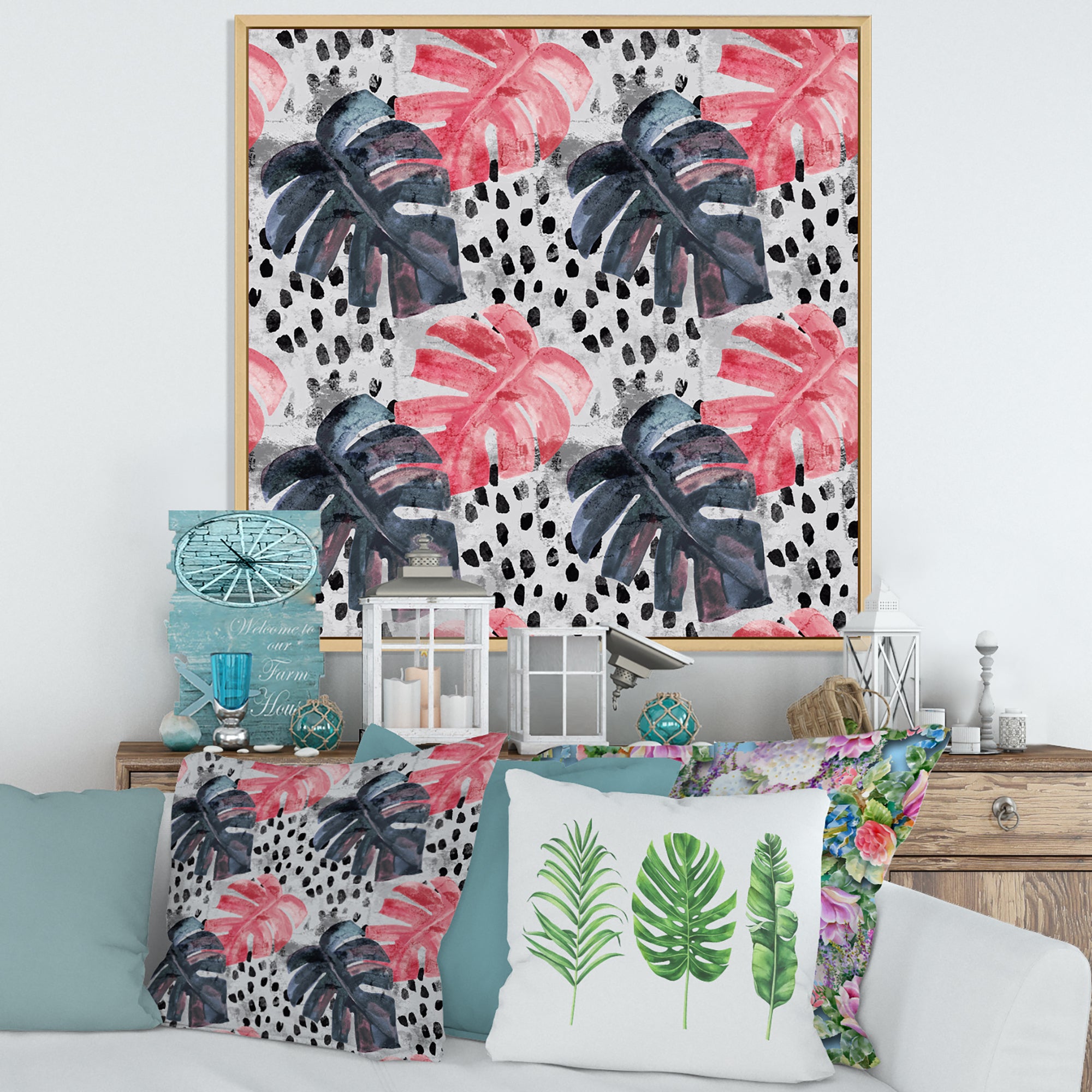 Colored Monstera On Rough Brush Strokes I