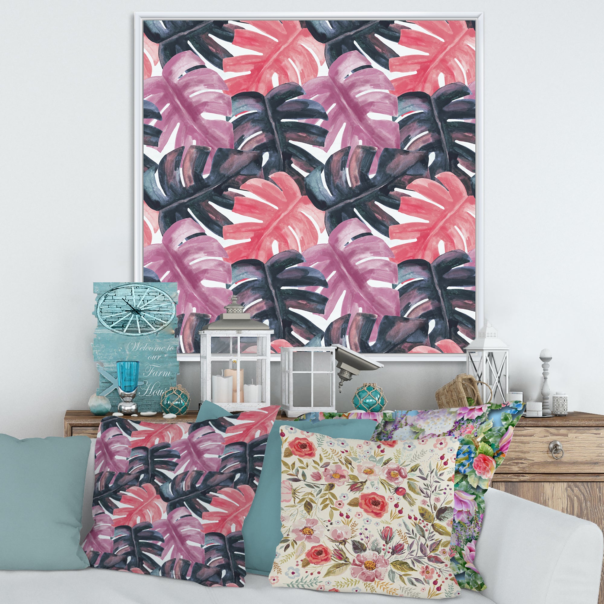 Colored Monstera On Rough Brush Strokes II