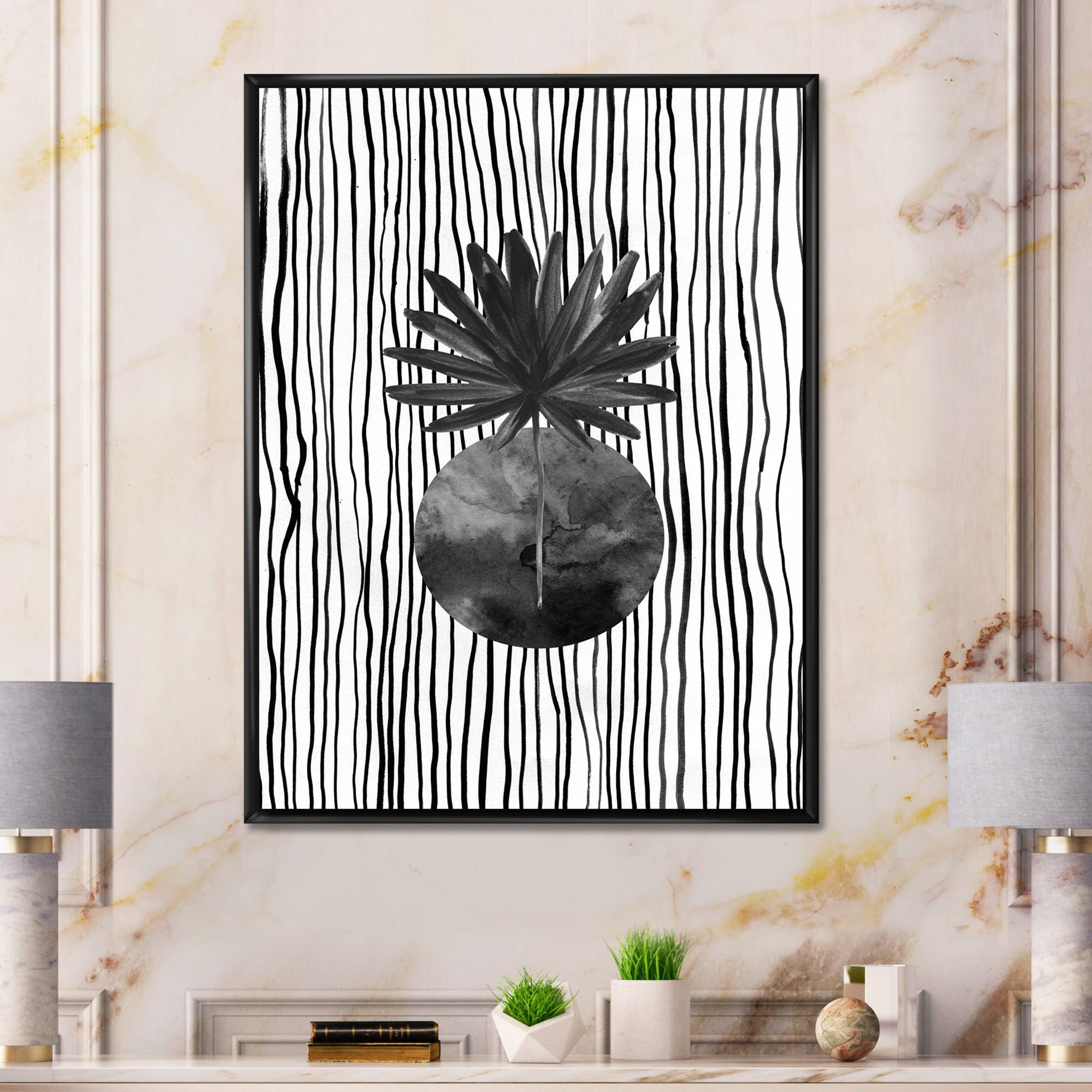 Black and White Tropical Leaf On Striped I