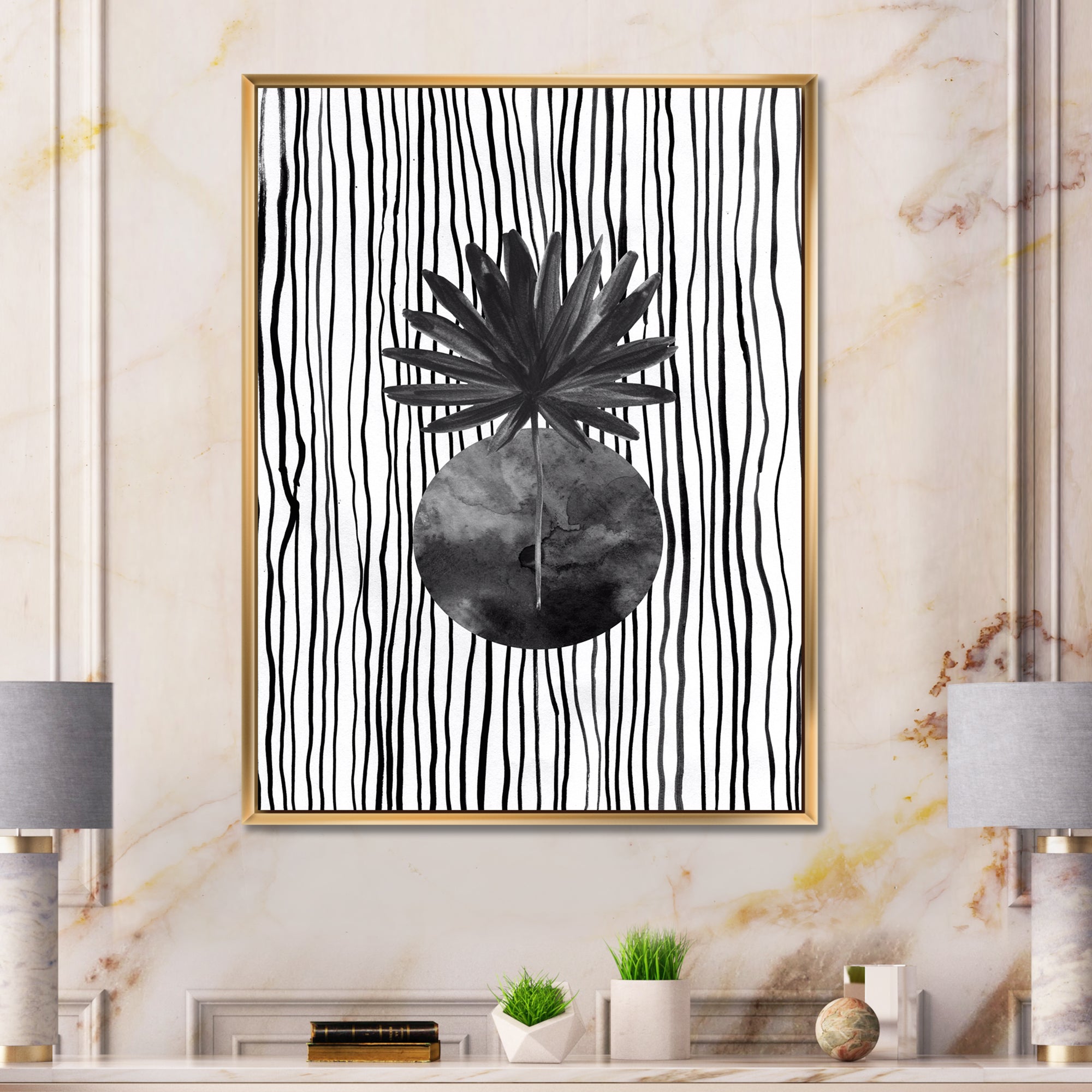 Black and White Tropical Leaf On Striped I