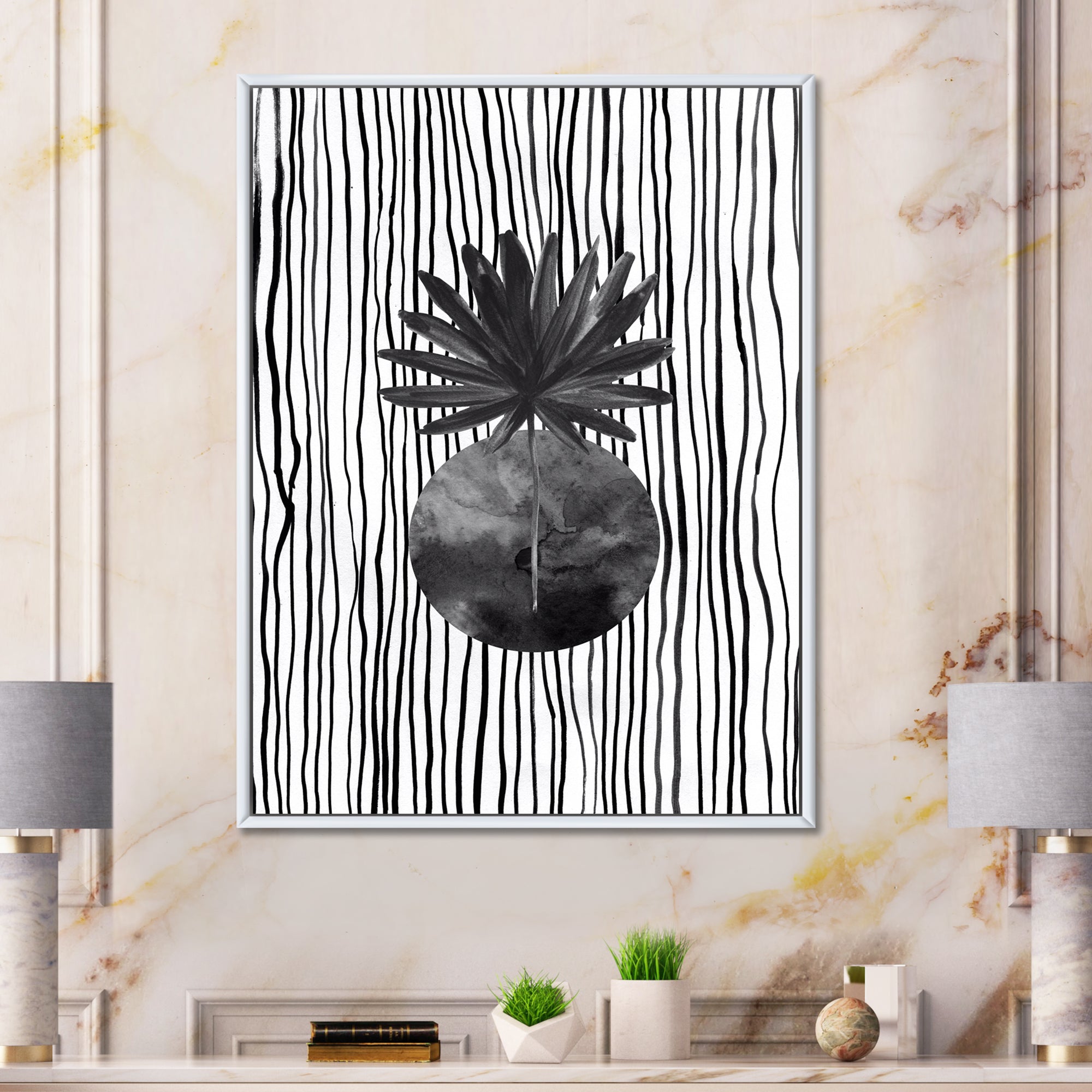 Black and White Tropical Leaf On Striped I