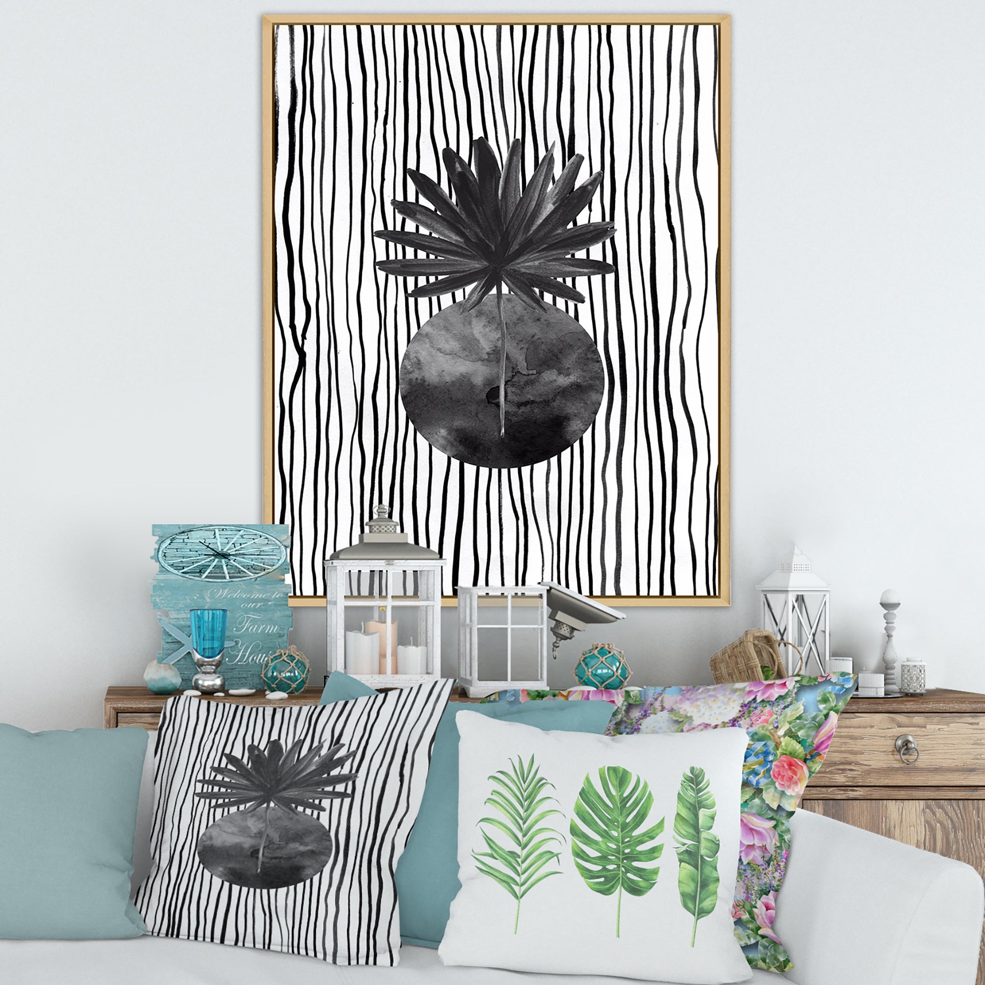 Black and White Tropical Leaf On Striped I