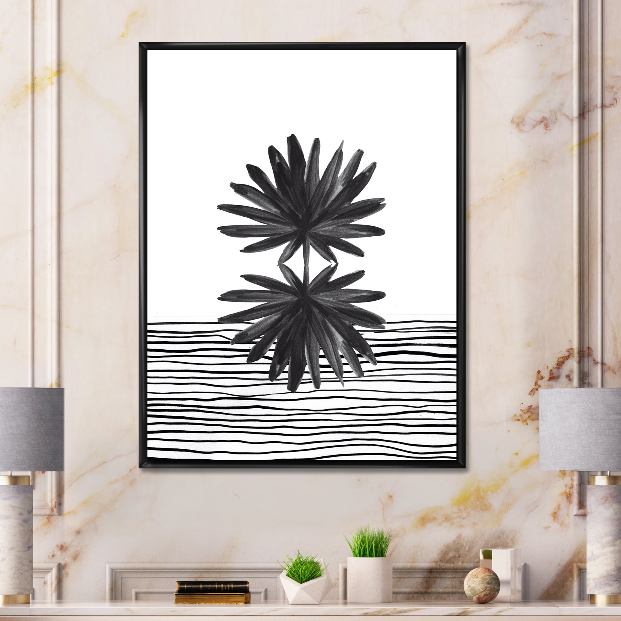 Black and White Tropical Leaf On Striped II