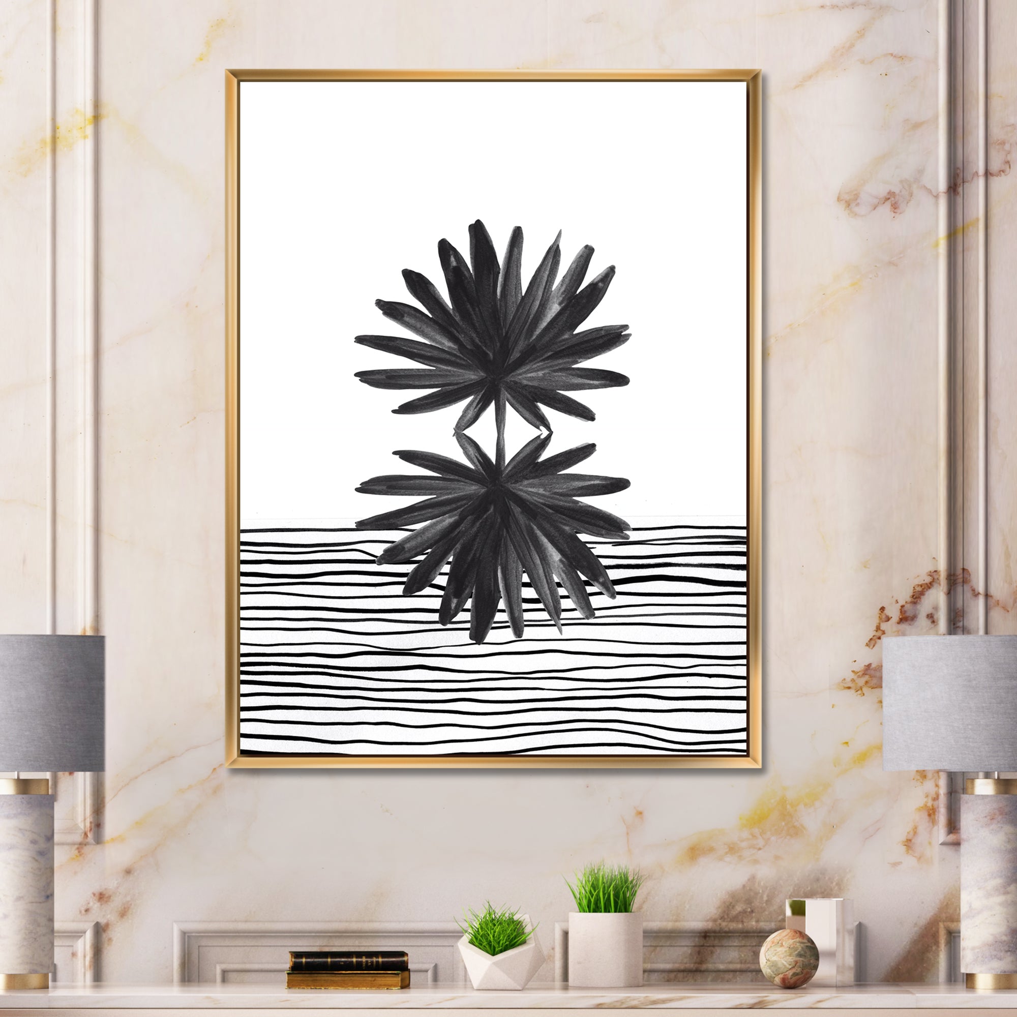 Black and White Tropical Leaf On Striped II
