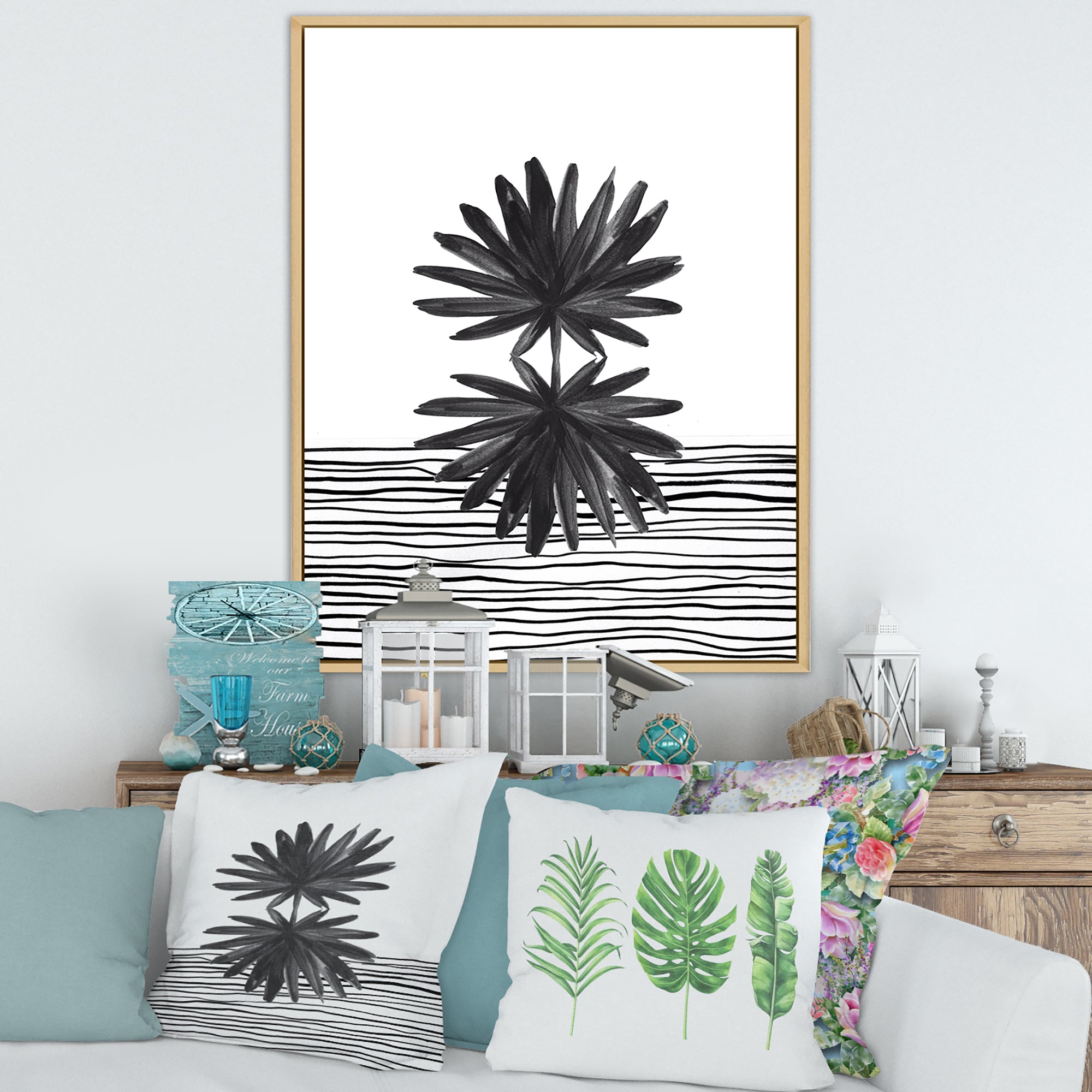 Black and White Tropical Leaf On Striped II