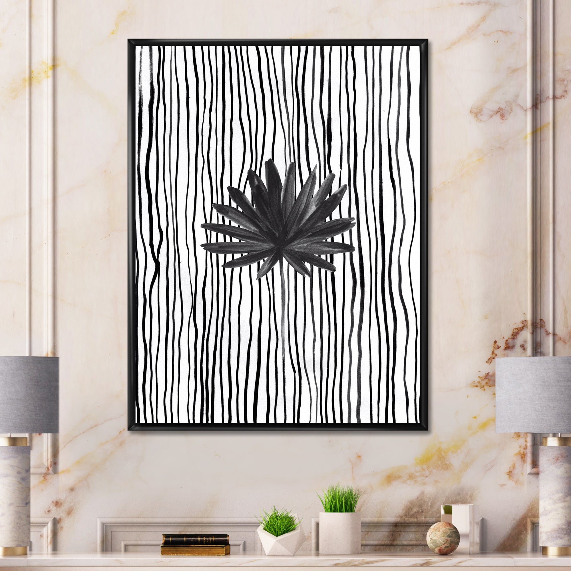Black and White Tropical Leaf On Striped III