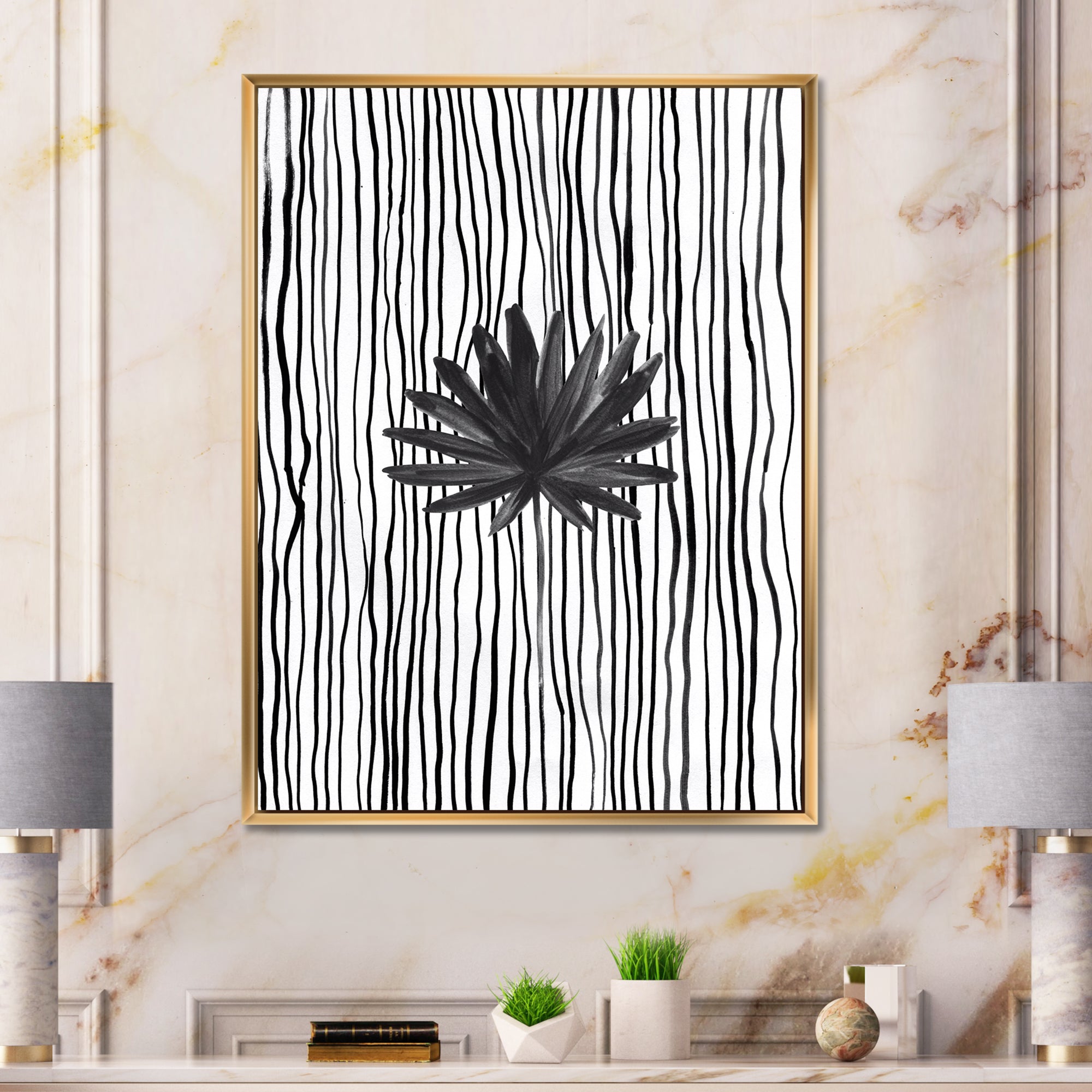 Black and White Tropical Leaf On Striped III