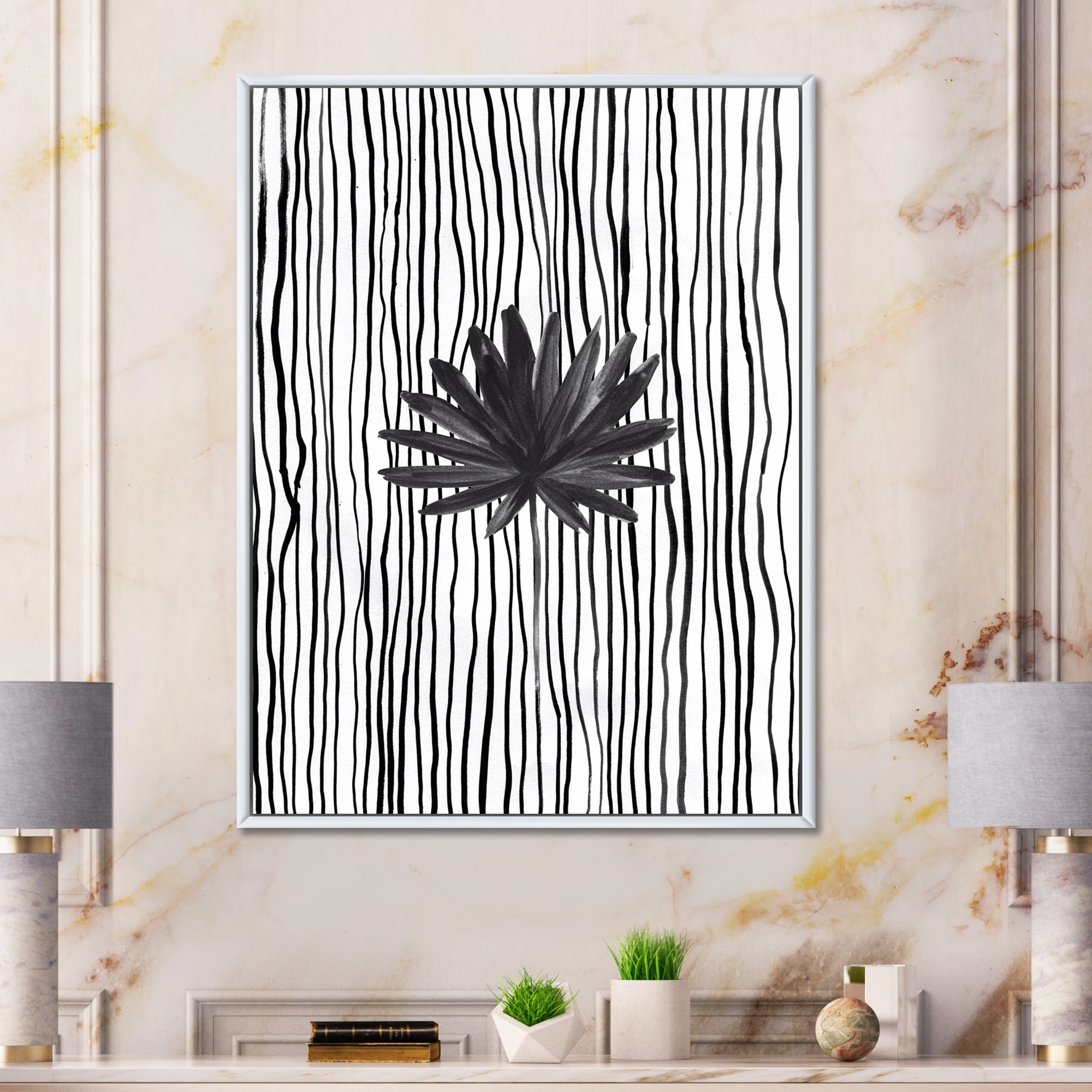 Black and White Tropical Leaf On Striped III