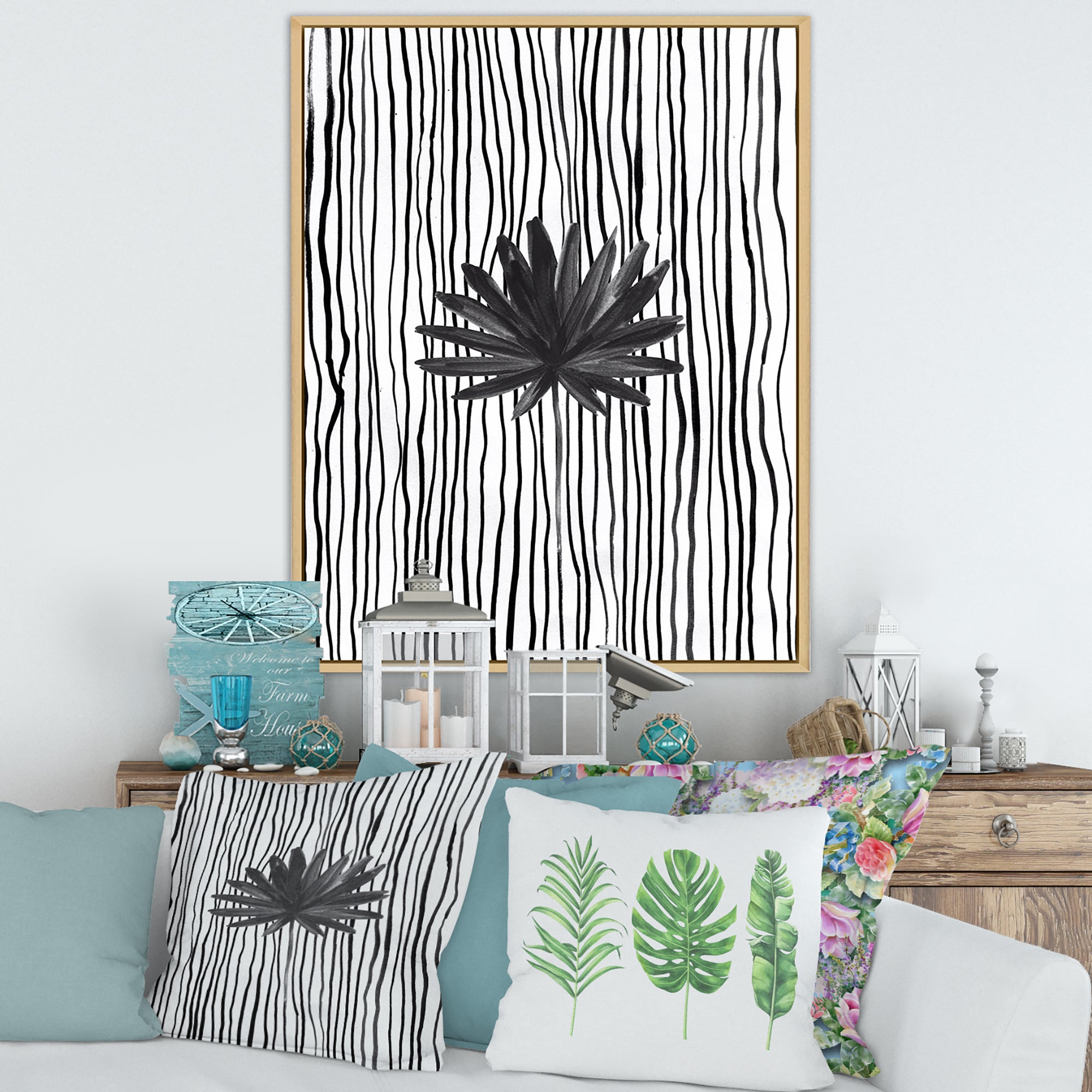 Black and White Tropical Leaf On Striped III