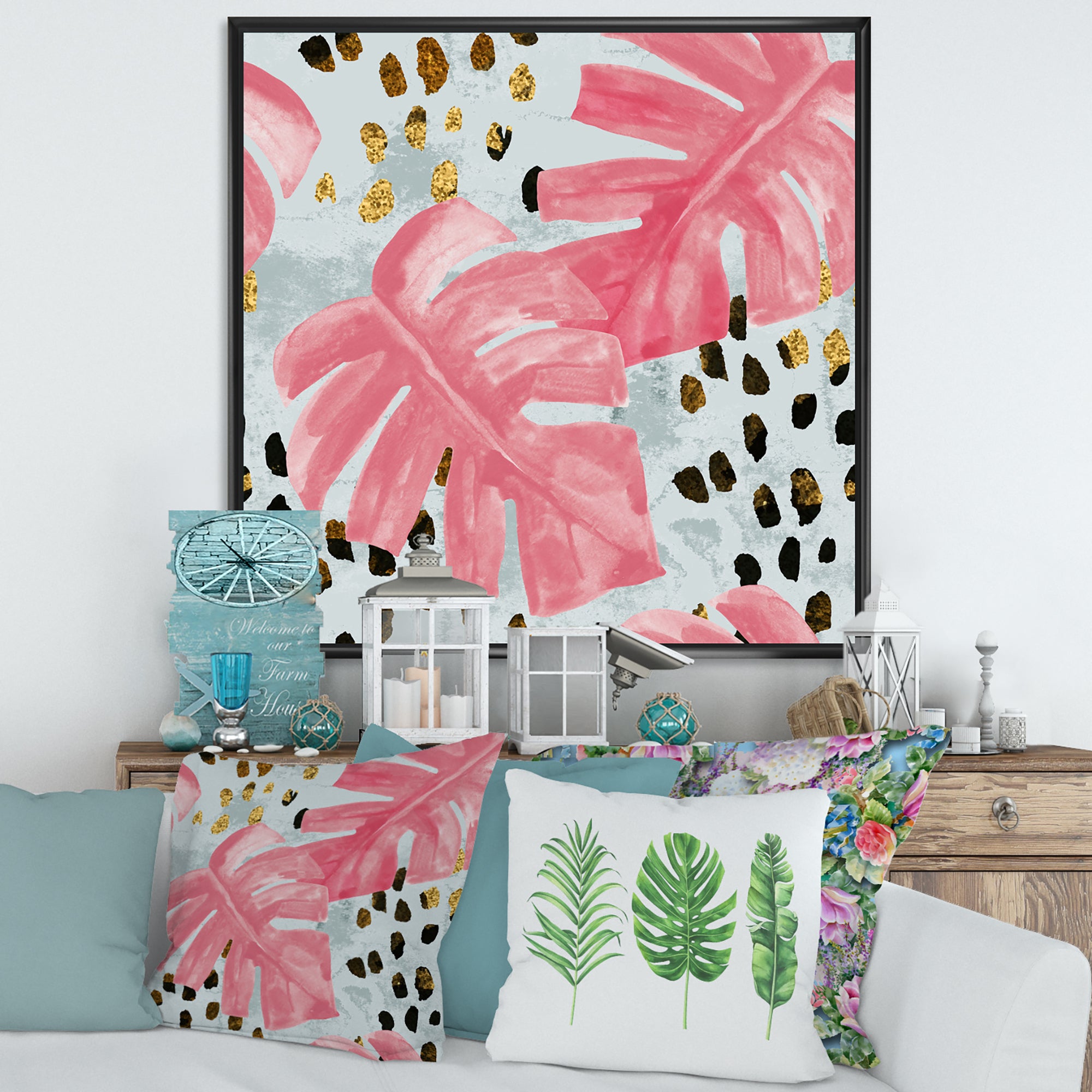 Pink Colored Monstera On Rough Brush Strokes II