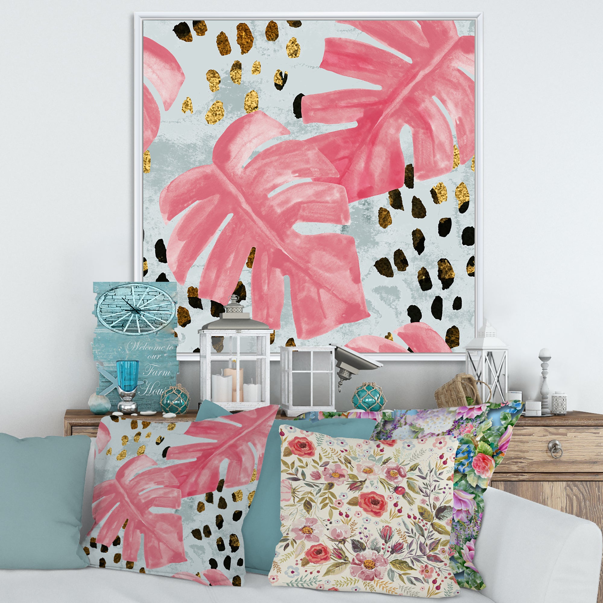 Pink Colored Monstera On Rough Brush Strokes II