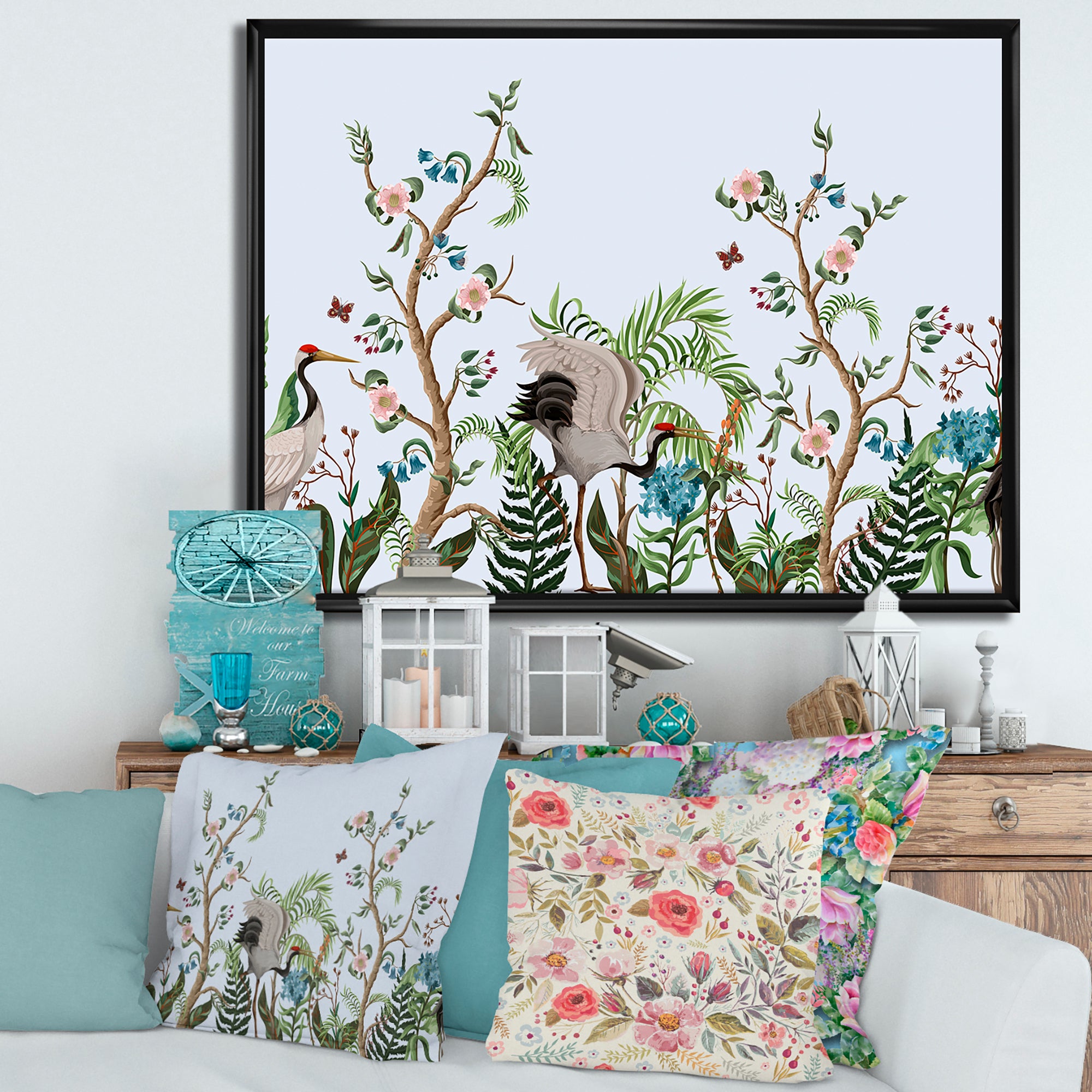 Border With Cranes & Peonies In Chinoiserie Style