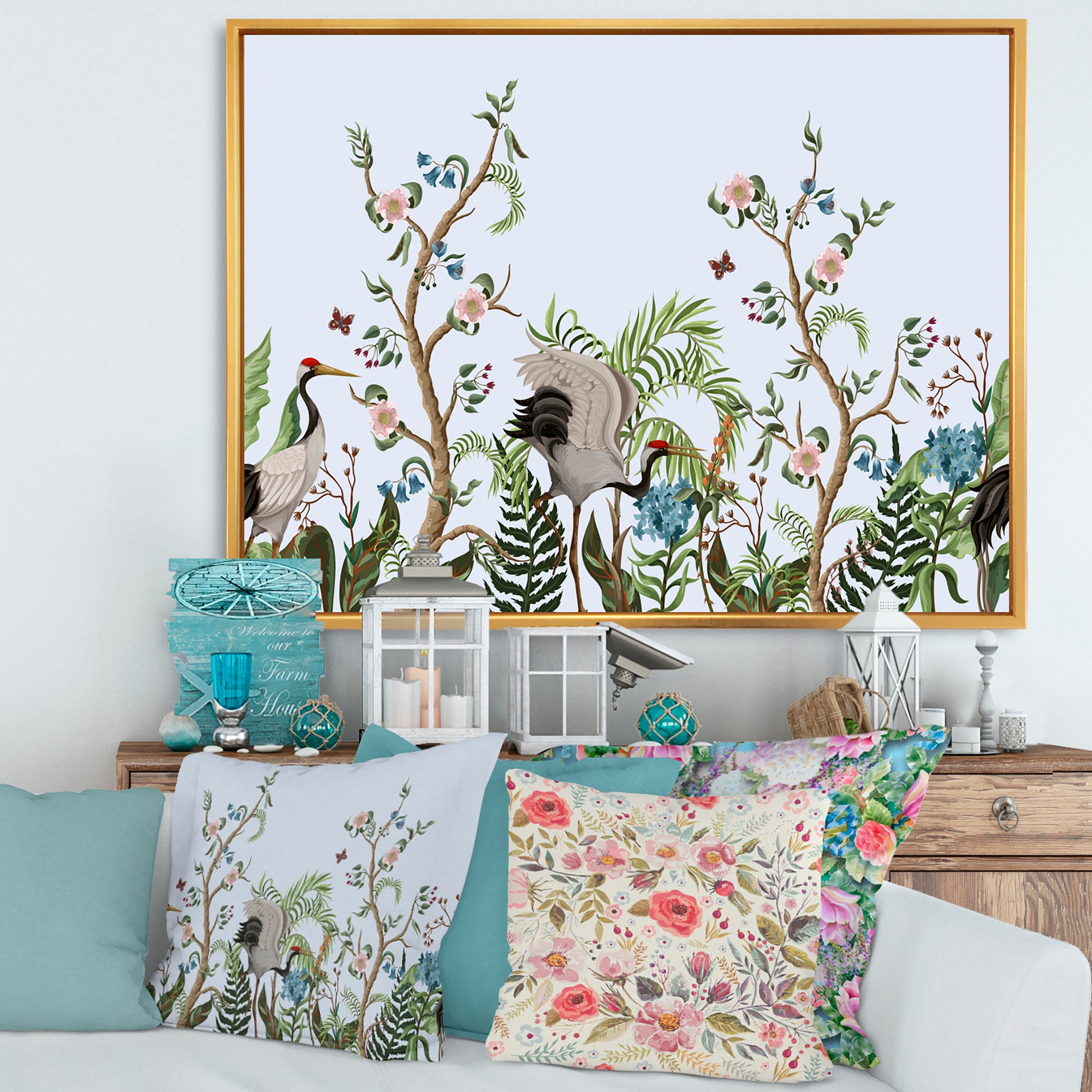 Border With Cranes & Peonies In Chinoiserie Style