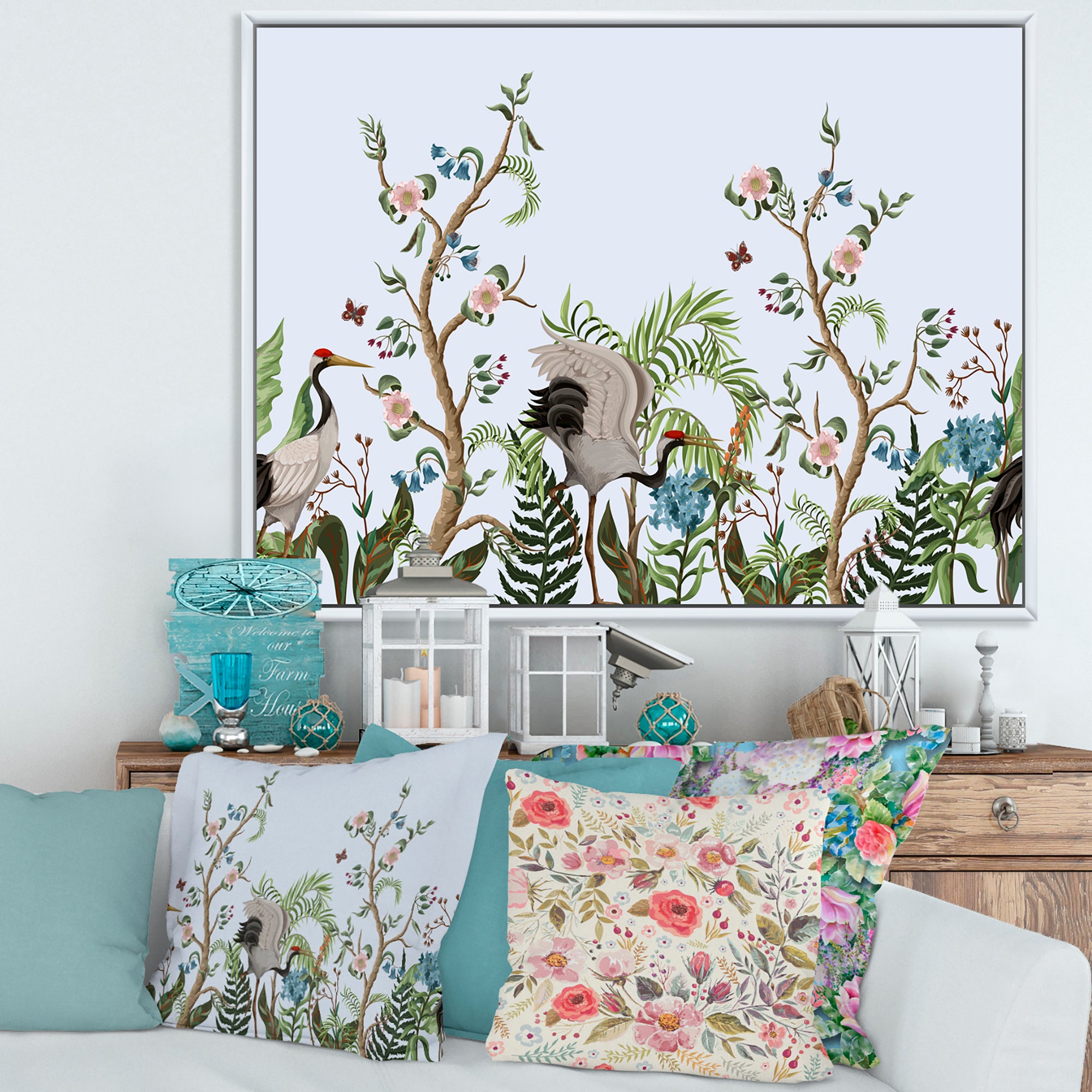 Border With Cranes & Peonies In Chinoiserie Style